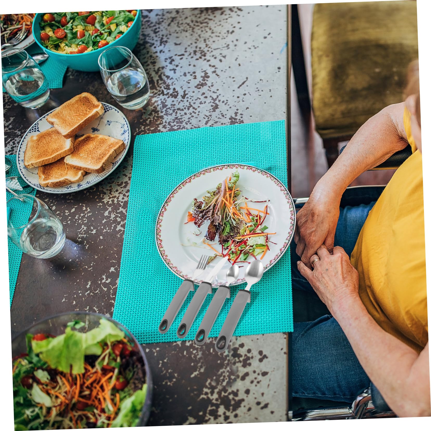 NOLITOY Grier Utensils Set Elderly Feeding Tableware Stainless Steel Spoon Fork Anti-Slip Handle for Disabled Elderly