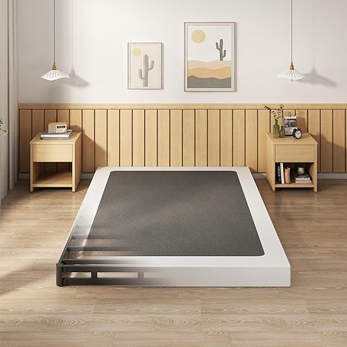 EMODA Base de cama tamaño matrimonial de 5 pulgadas, base de colchón de metal resistente de 3000 libras con funda de tela, fácil montaje, color negro