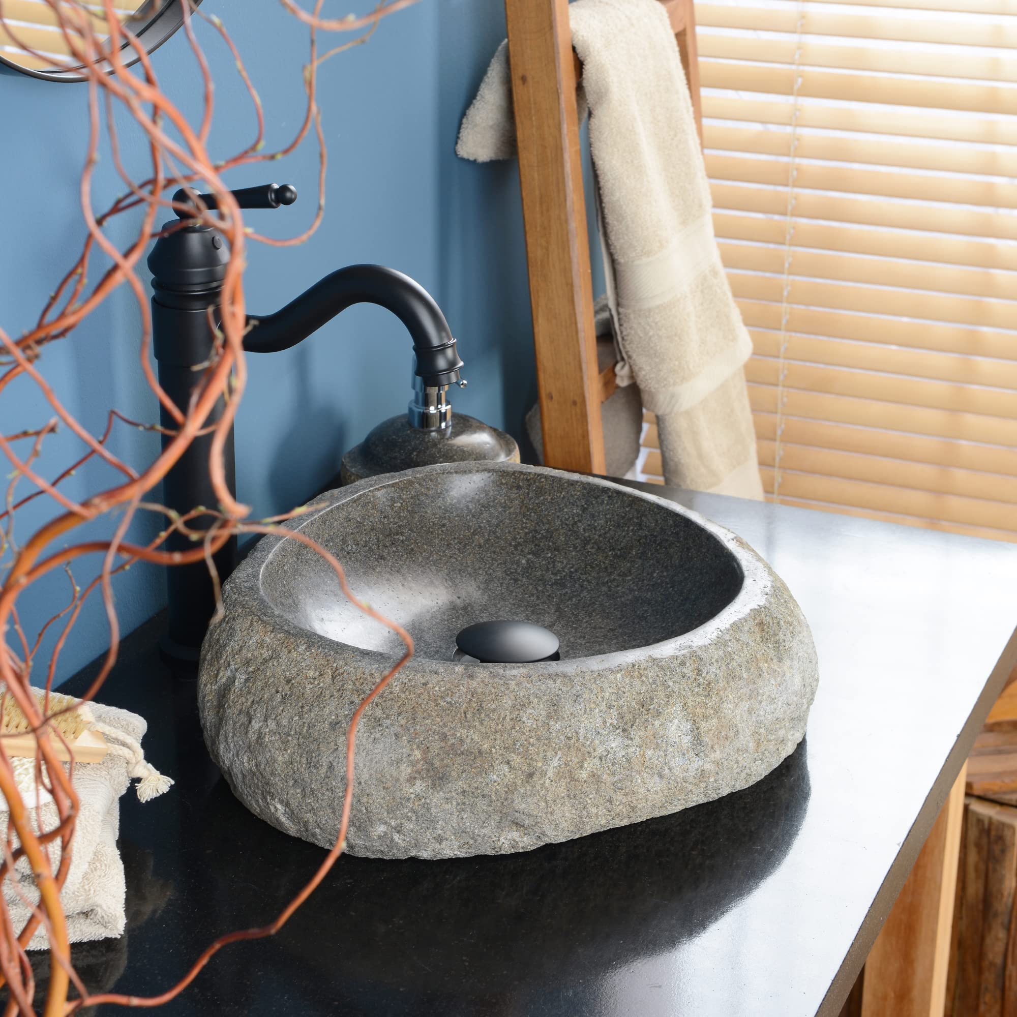 40 cm Naturstein-Waschbecken grau Flussstein-Aufsatzwaschbecken Findling Badezimmer Steinwaschbecken Hand-Waschbecken Waschschale Gäste WC WOHNFREUDEN
