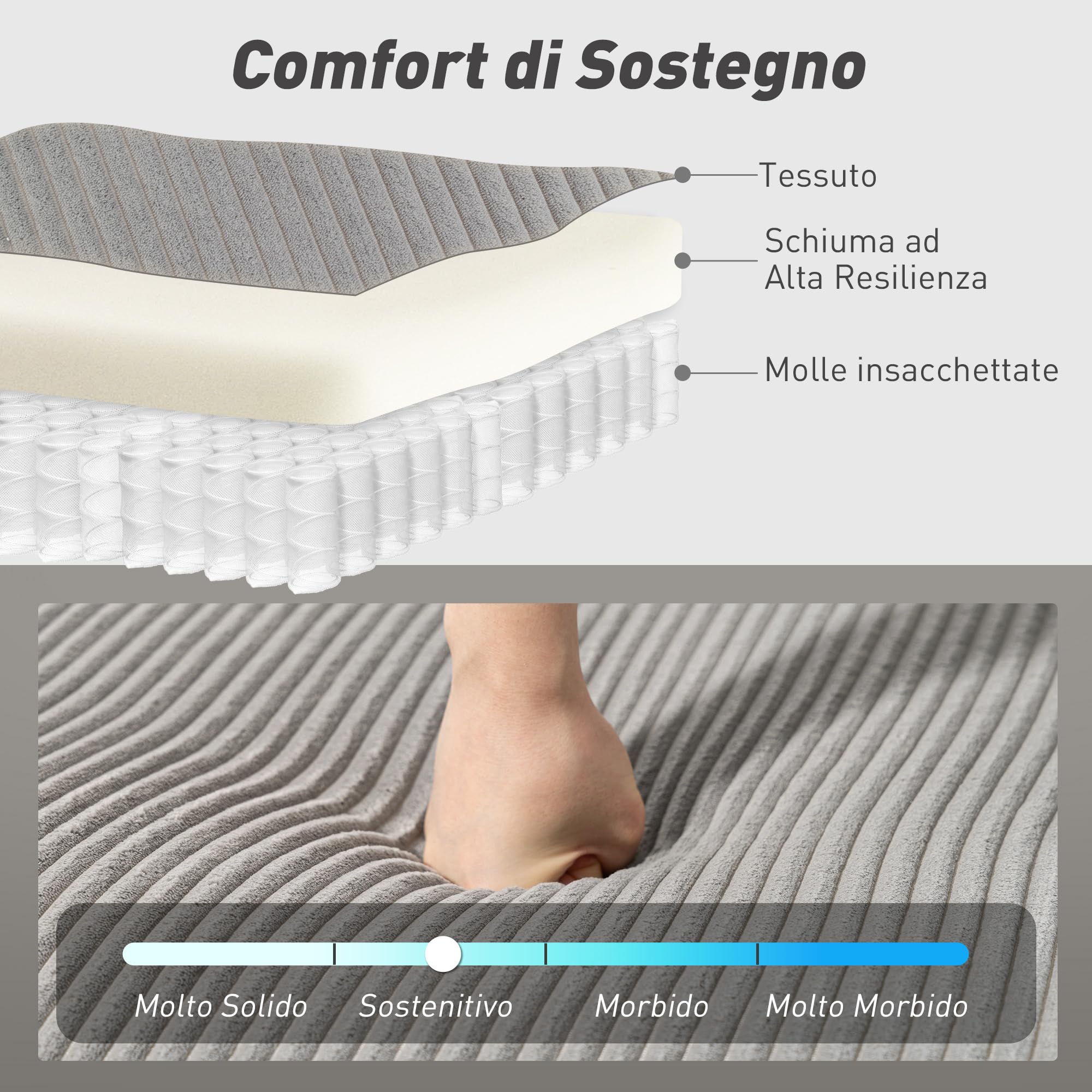 HOMCOM Divano Letto con Letto Estraibile Imbottito, Divano Angolare Convertibile 4 Posti a Forma di U con 2 Chaise Longue, Vani Contenitore e 2 Cuscini, in Velluto a Coste, 282x140x86 cm, Grigio
