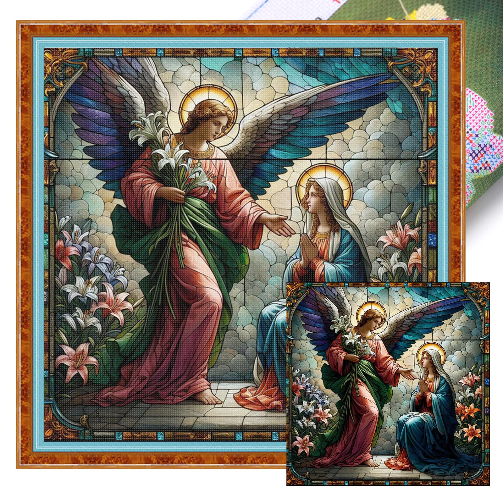 POETRYDRAW Virgin and Angel Full 11CT 3 Strands DIY Stamped Printed Cross-Stitch Kits 17.71x17.71in Embroidery Needlepoint Starter Kits for Beginners Adults Home Decor