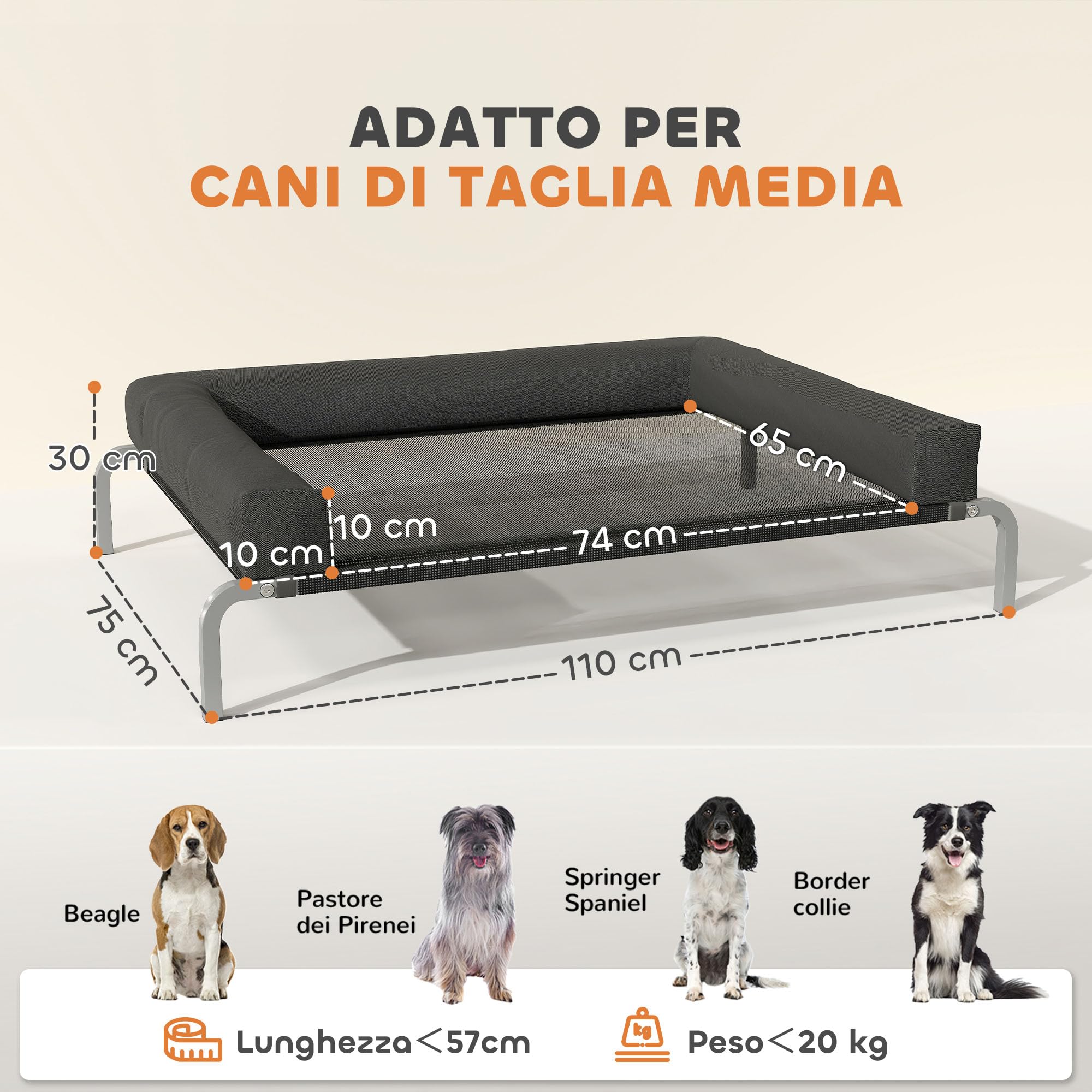 PawHut Brandina per Cani di 19.5 cm con Cuscino Lavabile a U, Lettino per Cani Rialzato in Tessuto Oxford, Texteline e Acciaio, Letto per Gatti da Interno, 110x75x30 cm, Nero e Argento