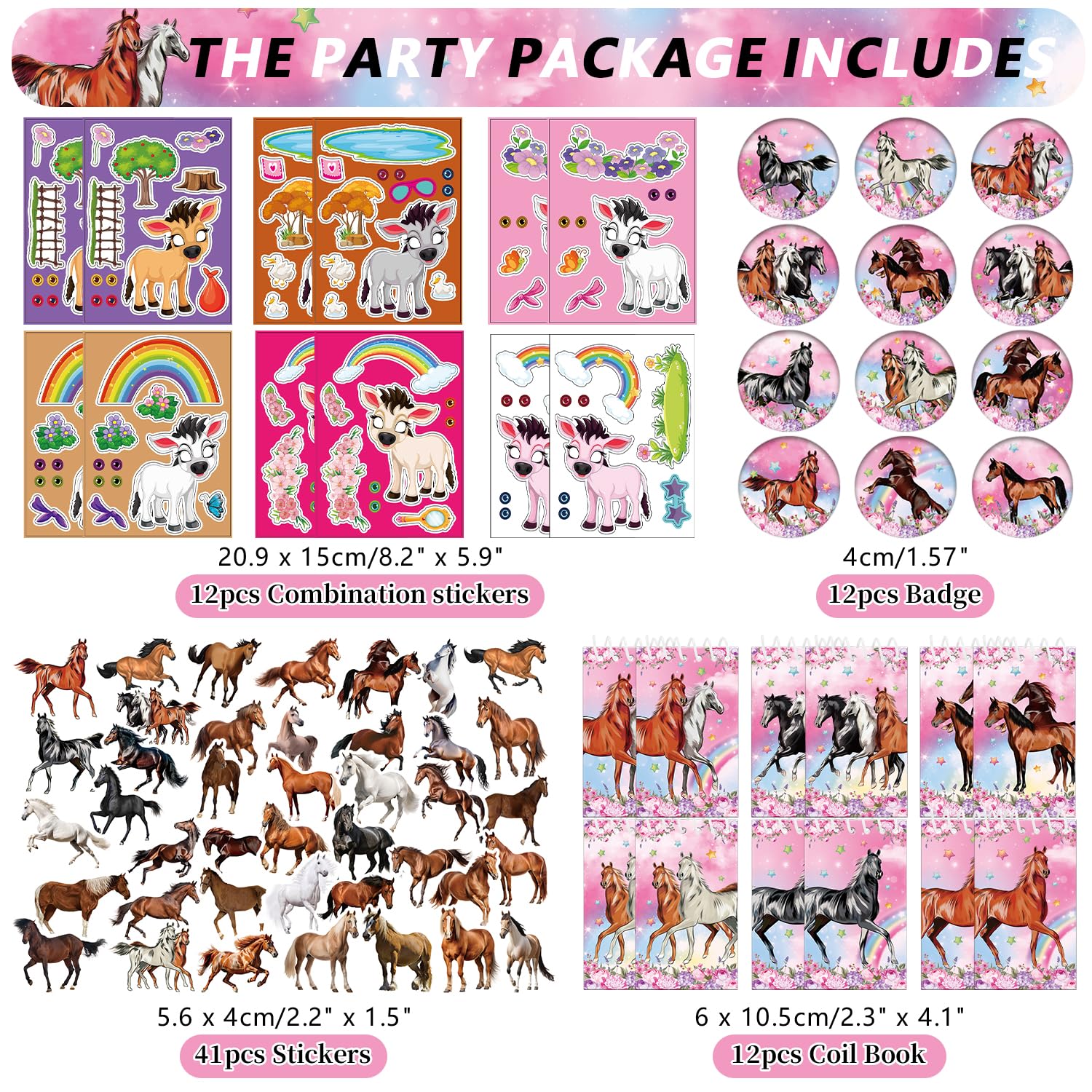 Bomboniere per feste a forma di cavallo rosa, 41 adesivi a forma di cavallo, 12 sacchetti per regali, 12 badge a bottone, 12 portachiavi, 12 mini quaderni, 12 braccialetti in gomma per ragazze, donne