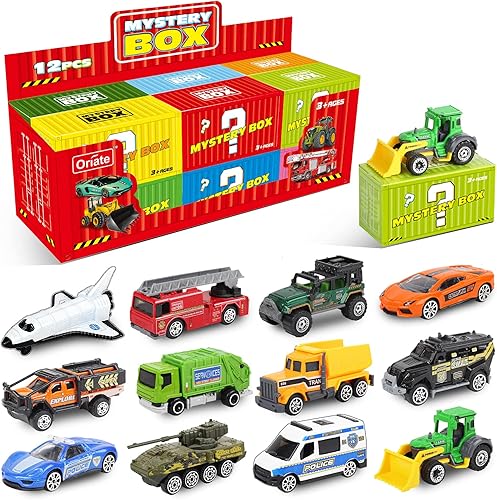 Oriate Juego de autos de juguete fundidos a presión para niños de 3, 4, 5, 6, 7, 8 años, paquete de 12 mini autos de metal 1/64, 12 temas en un