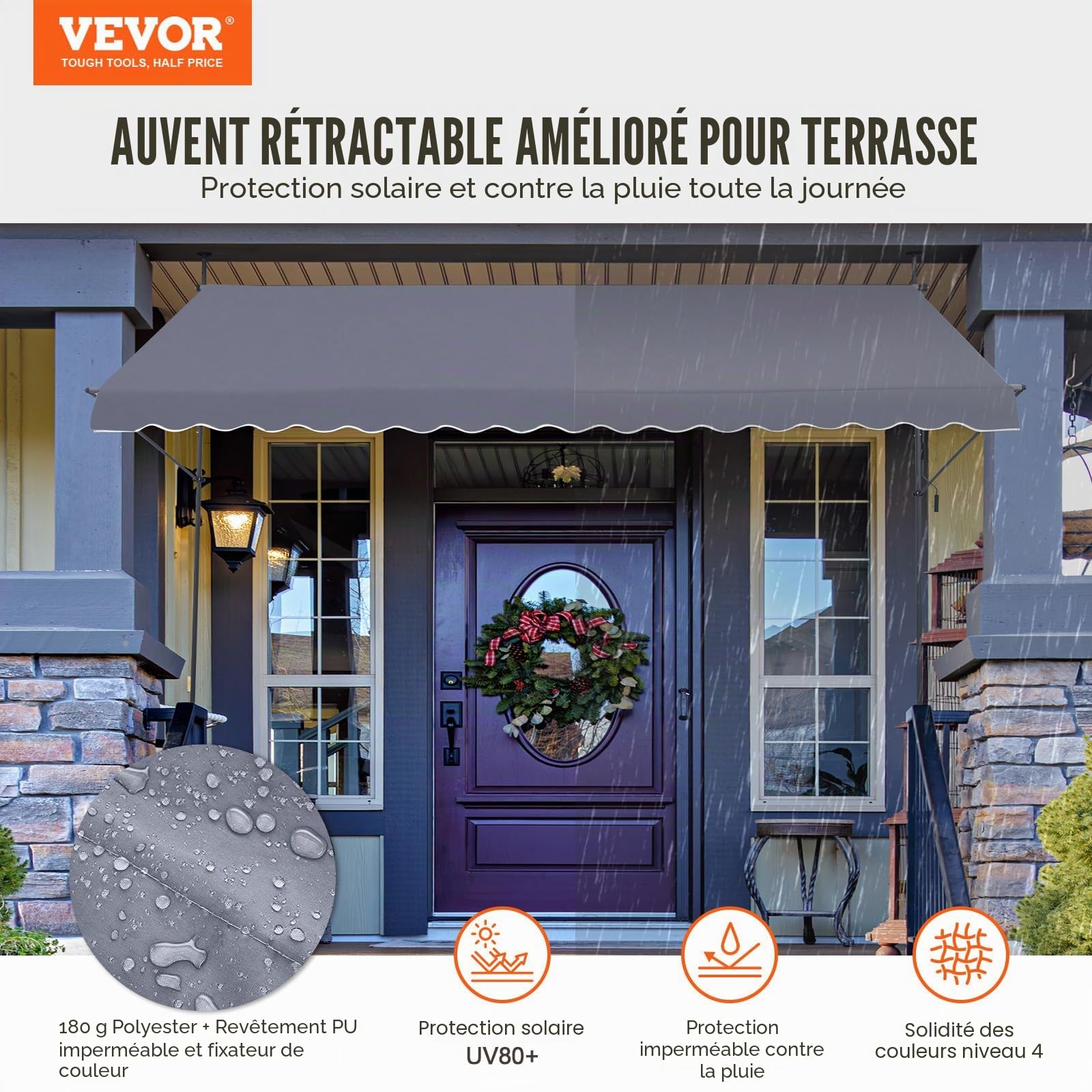 VEVOR Auvent de terrasse rétractable 400 x 120 cm, store banne manuel avec manivelle, hauteur réglable 218-310 cm, abri pare-soleil extérieure de balcon résistant aux UV pour patio, balcon, cour, gris