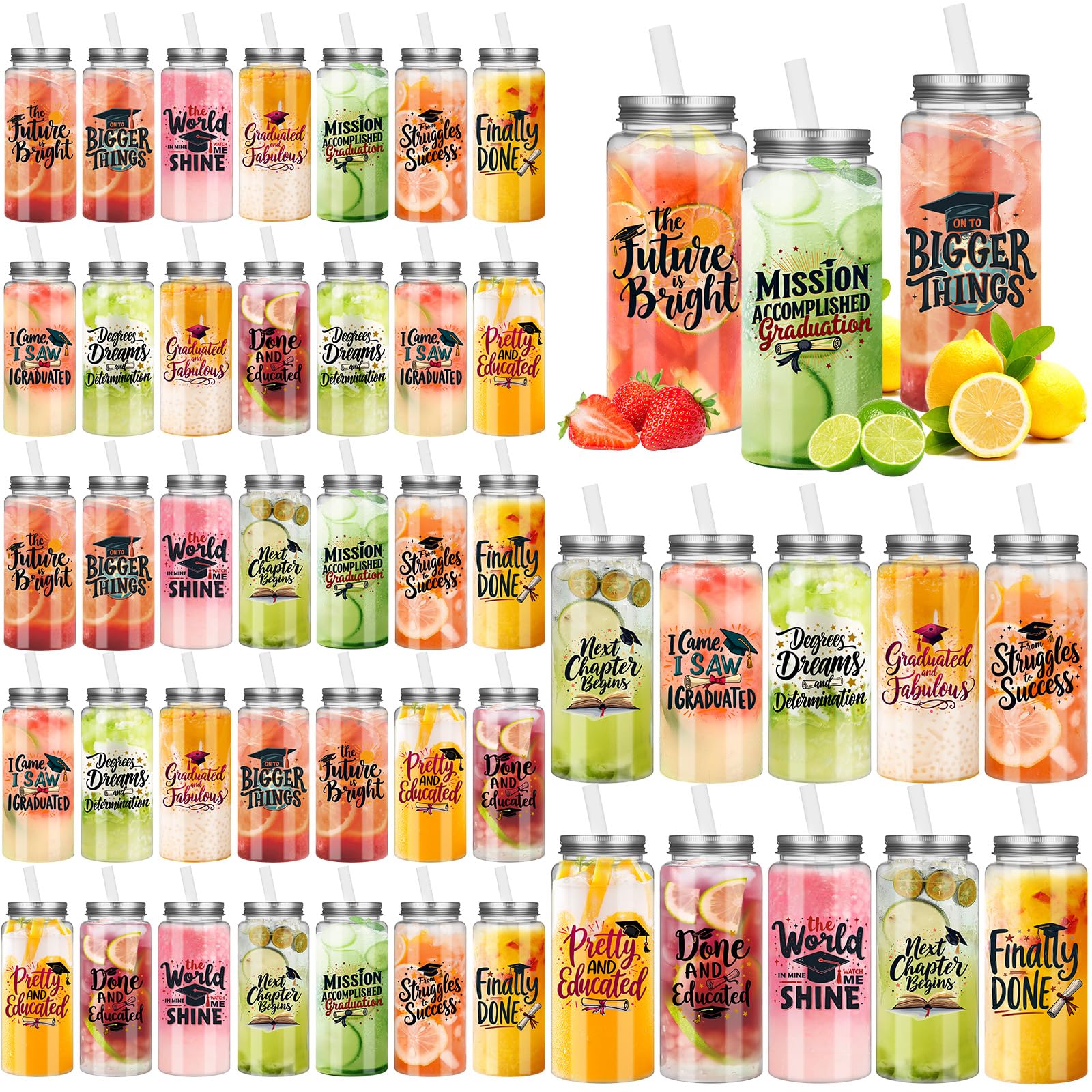 Reallnaive 48 Pcs 2025 Graduation Gifts Bulk Graduation Plastic Cups 13. 5 oz Class of 2025 Mason Jars with Straws Reusable Happy Class Tumbler for Congrats Grad Party Gifts