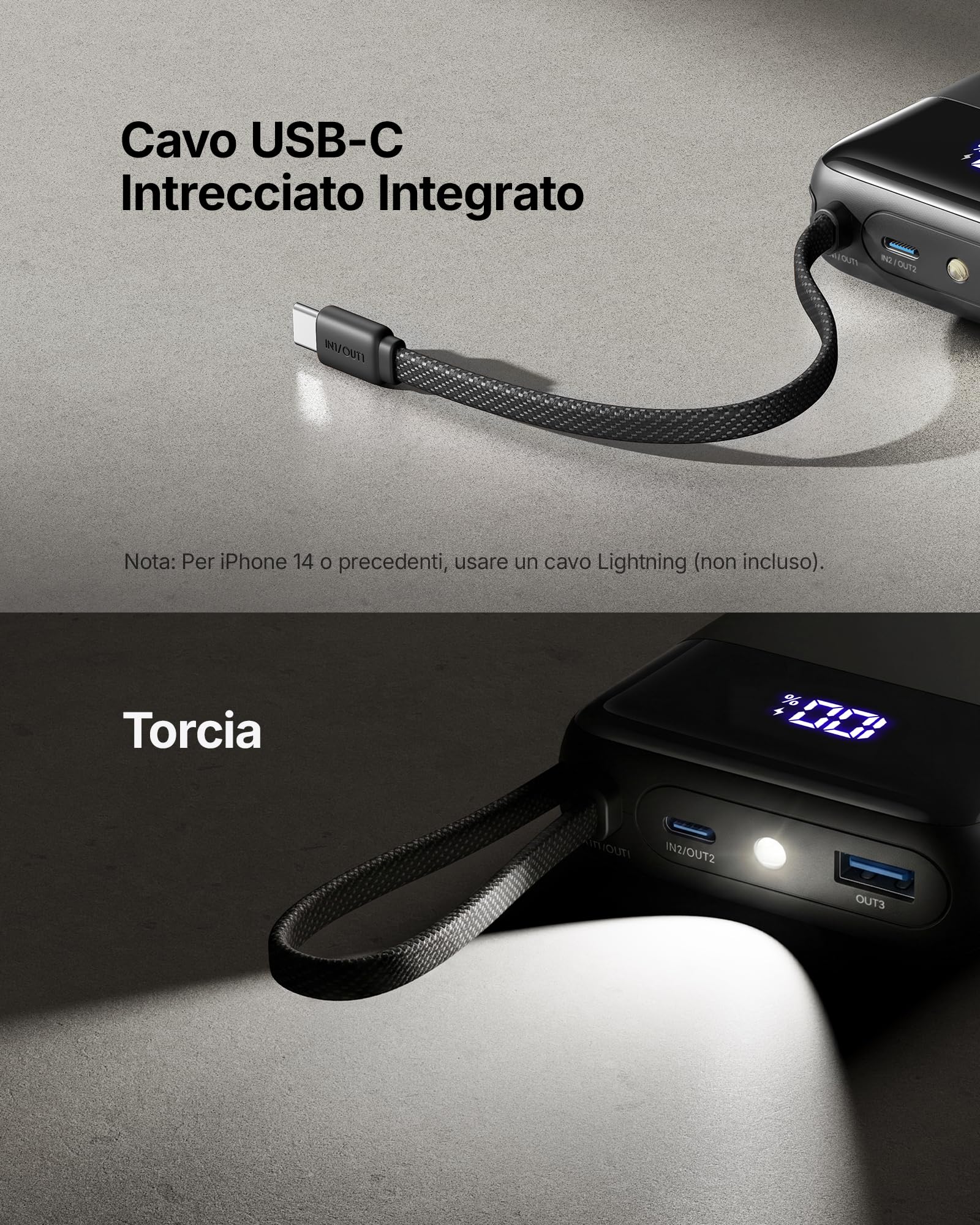 INIU Power Bank, Piccolo 45W Ricarica Rapida 20000mAh Powerbank con Cavo USB C Integrati, Sicuro in Aereo, Essenziale da Viaggio, Caricatore Portatile per iPhone 17 16 Pro, Xiaomi, Samsung, iPad ecc