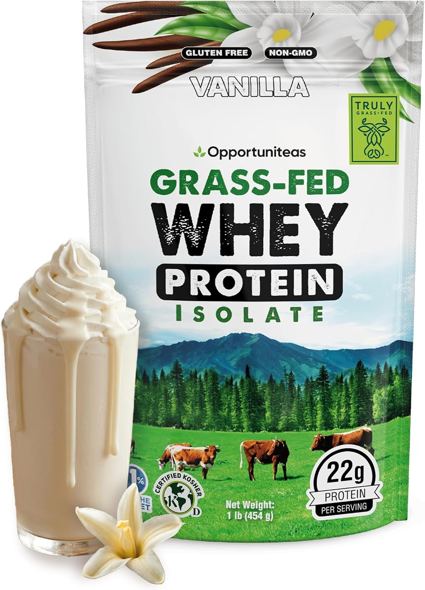 Vanilla Grass Fed Whey Protein Isolate Powder, 1 lb | Organic vanilla and cane sugar, Nearly zero lactose, No stevia, Hormone-Free, Non GMO, Cold-pressed, Heavy-Metal Tested