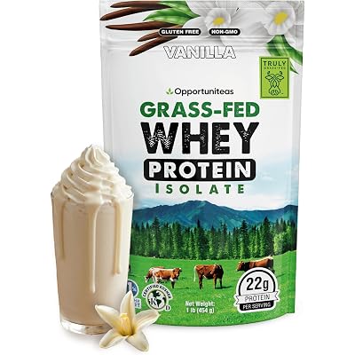 Opportuniteas Grass Fed Vanilla Whey Isolate Protein Powder – 22g Protein, Heavy-Metal Tested, Organic Cane Sugar & Organic Vanilla Flavor, Non-GMO, Hormone-Free, Sourced from Ireland, 1lb