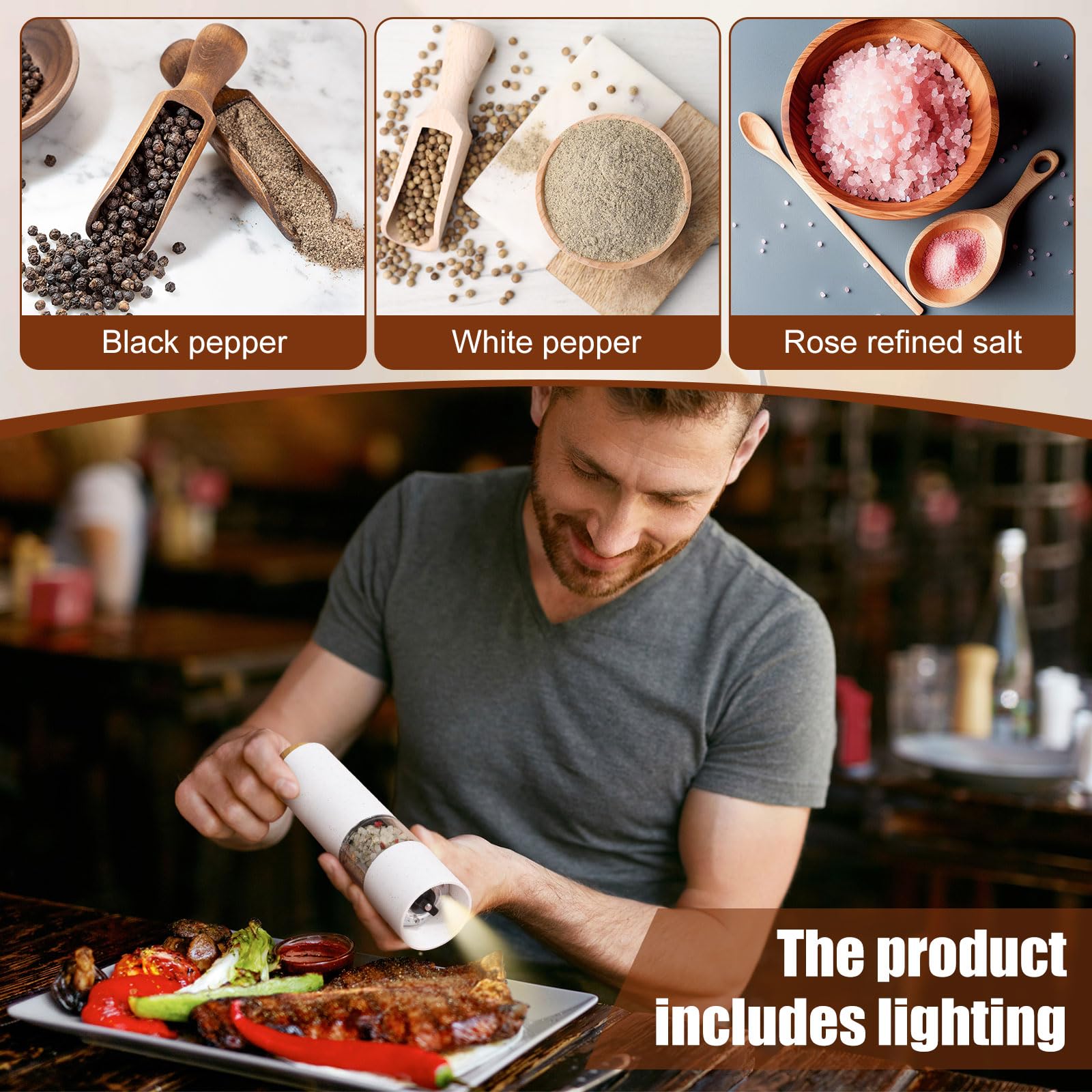 Threlaco Il set di macina sale e pepe elettrico include 2 confezioni di macinapepe a batteria con grossolanità regolabile, 1 base portatile a prova di fuoriuscite, smerigliatrice leggera per cucina e