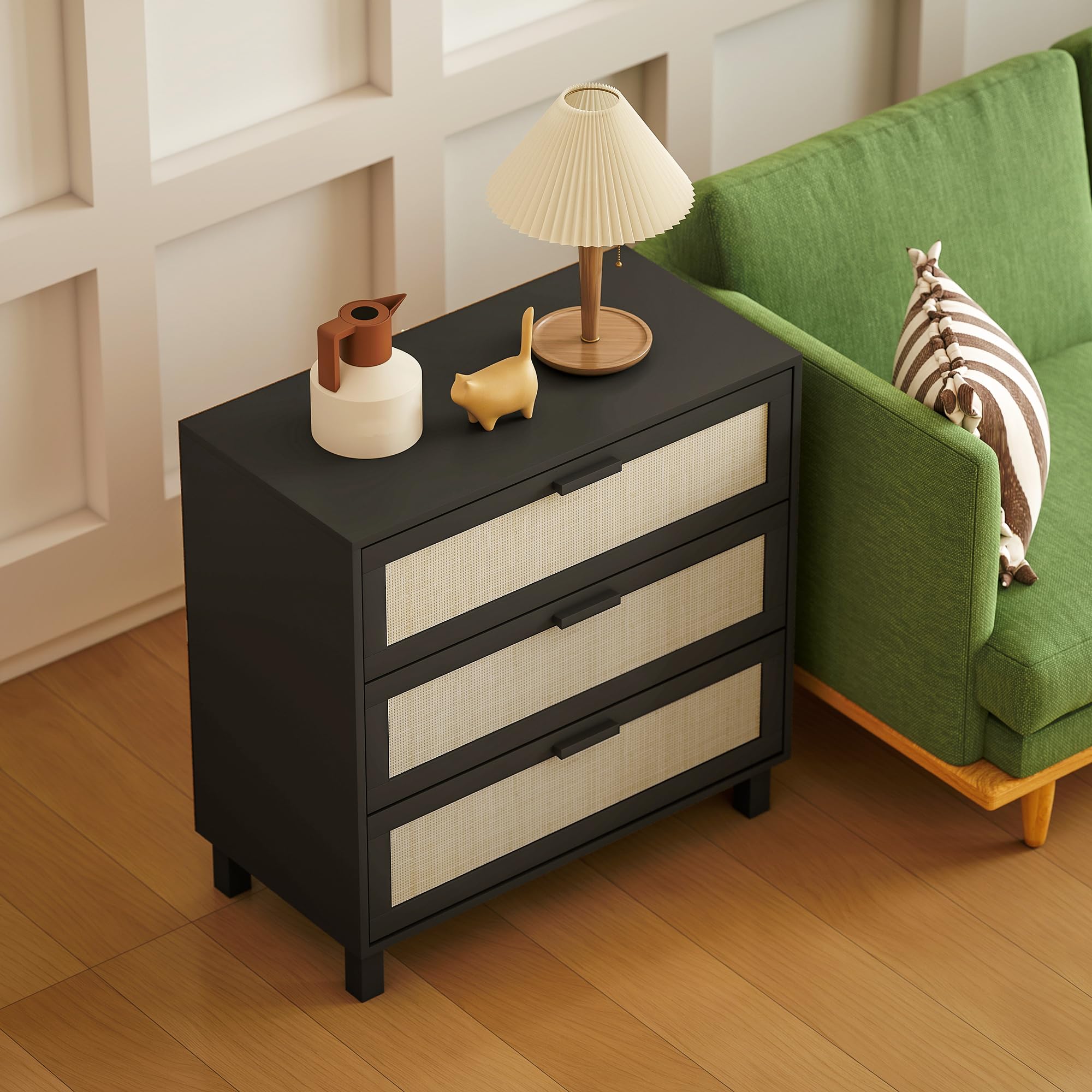 HOMCOM Commode en rotin pour Chambre à Coucher, 3 tiroirs, Commode bohème pour Salon, Couloir, Noir