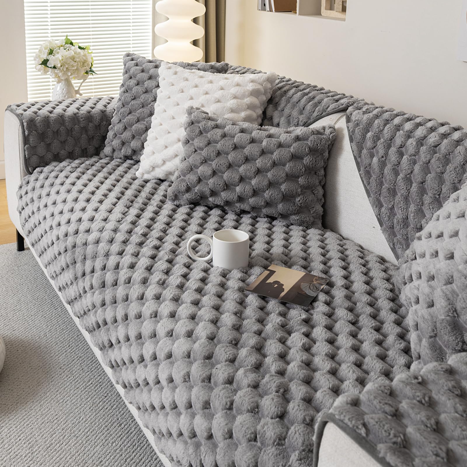 tianxinbaobei Funny Fuzzy Couch Covers for Sofa Plush Warm Sectional Sofa Covers Washable for 3-4 Cushion Couch,Non-slip Slipcover Sofa Covers for Pet Dog Furniture Protector(1PC,Light Grey,35"x83")
