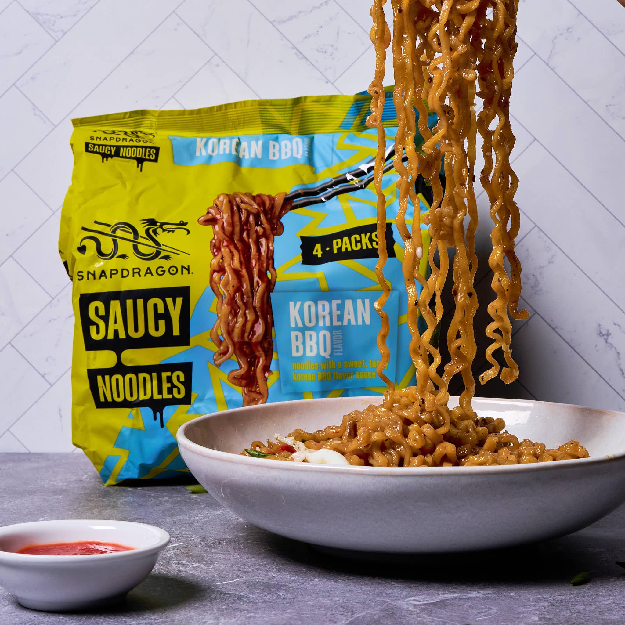 Snapdragon Saucy Instant Noodles with Korean BBQ Slurpable Sauce - Quick Meal, Snack, and Lunch. 4-Pack Microwave Noodles for Cup, Bowl, Ramen or Asian Stir Fry