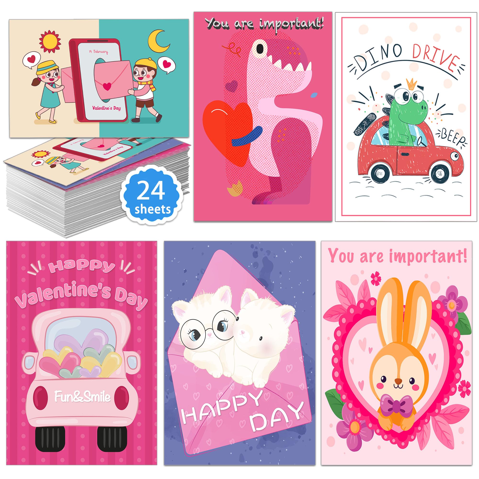Valentines Day Cards for Kids School, 24 Sheets Valentines Cards for Kid Classroom, Valentine's Day Gifts for Kid-s, Exchange Kid Gifts for School