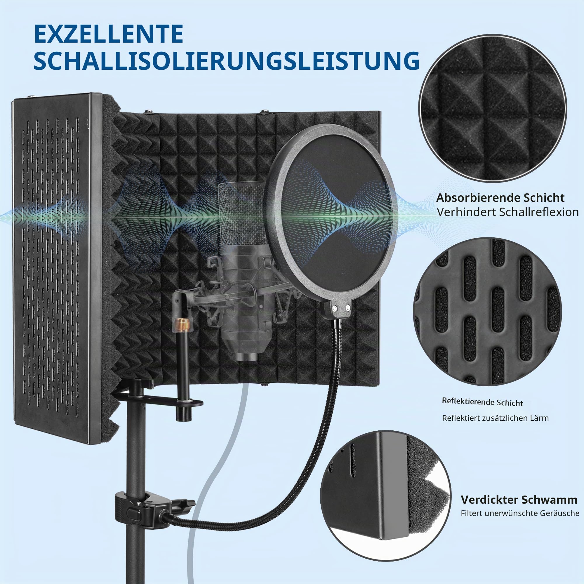 Mikrofon Isolationsschild Set, Schaumstoffschutz mit Pop-Filter, Stativständer, Faltbares Design