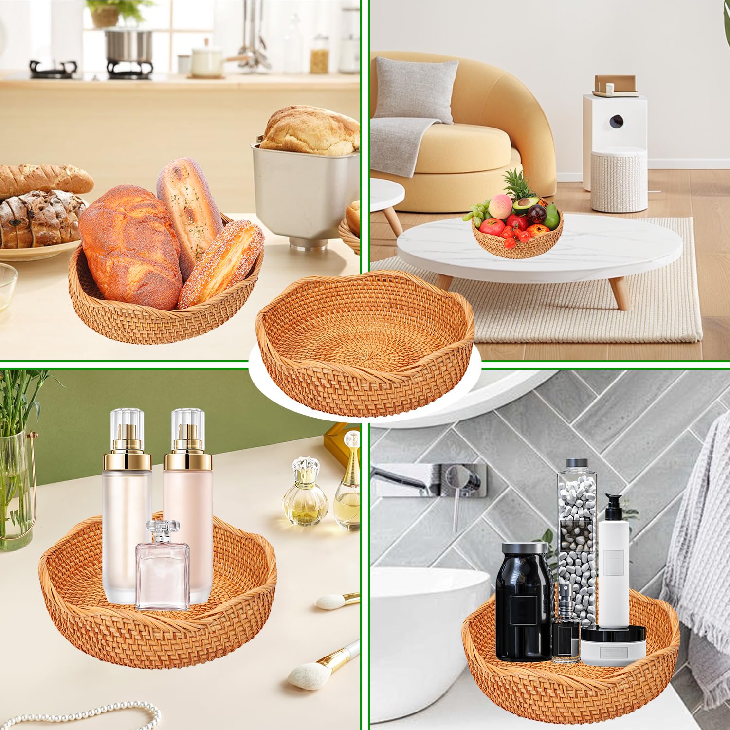Cestas de pan de ratán hechas a mano, auténticas cestas de servir tejidas a mano para cocina, cuencos redondos de almacenamiento de frutas, elegante organizador de encimera de cocina para