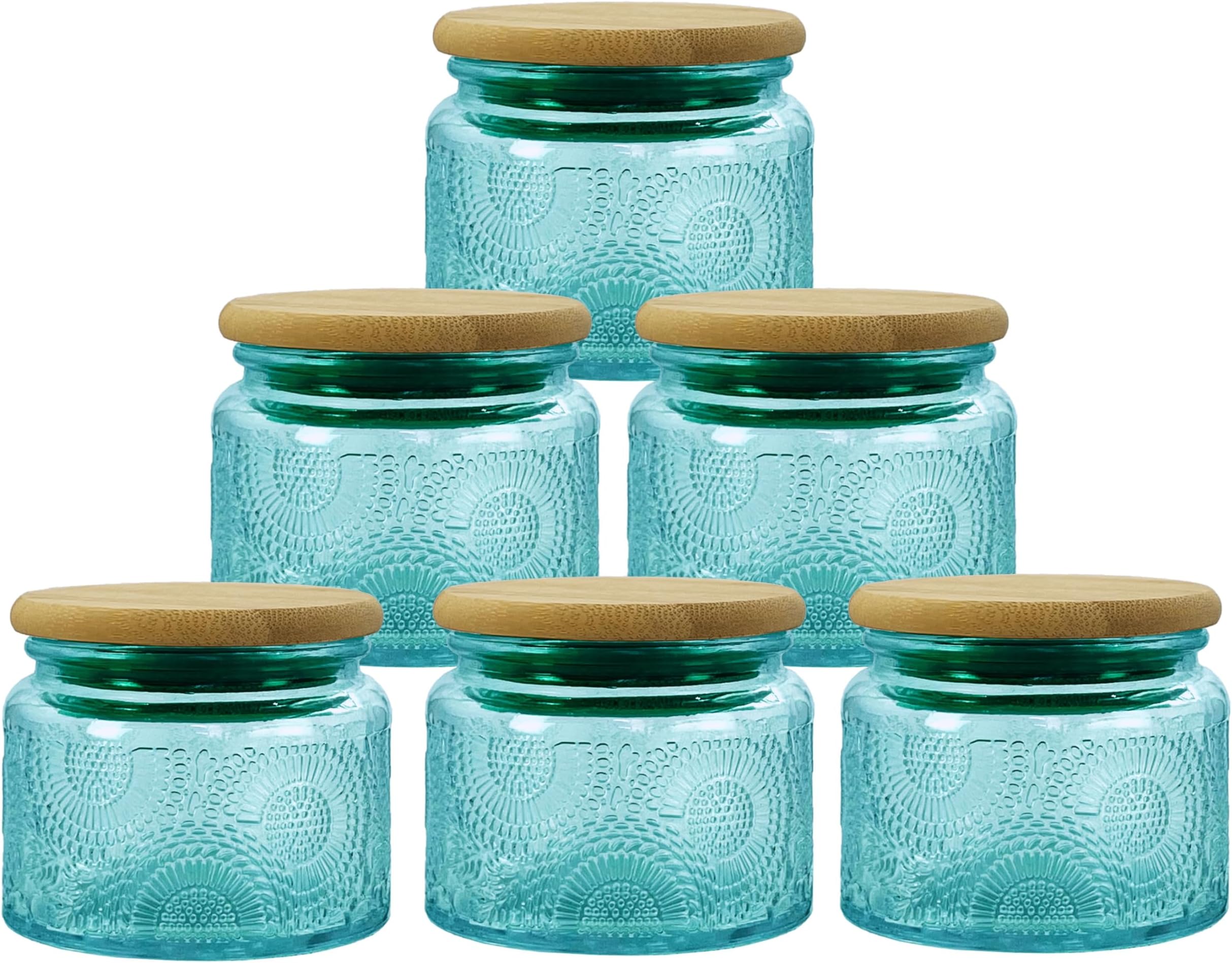 4 oz Decorative Small Glass Jars with Airtight Bamboo Lids, Blue 6 Pack | Vintage embossed color coated containers, kitchen pantry bathroom organization & decor, spices, DIY gifts, candle making