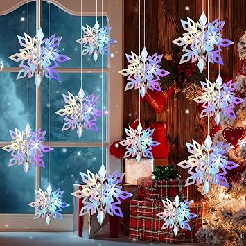 12Pcs Christmas Hanging Snowflake Decorations - 3 Different Sizes of Sparkling Silver Hanging Snowflake Decorations, Christmas 3D Pendant for Xmas New Year's Birthdays Winter Parties Home Decoration