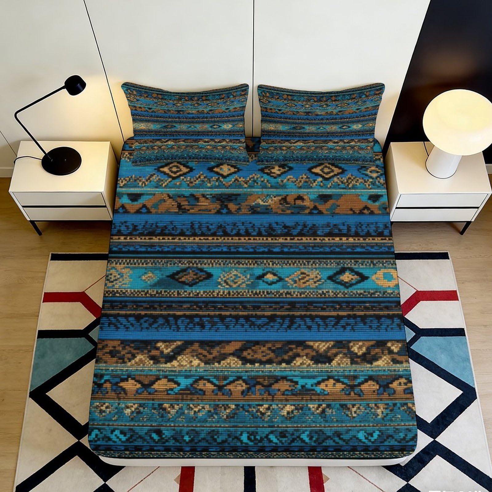 Kzqnxhjprl Style-1 3D Printed Ethnic Blue Fitted Sheet Microfiber Soft Geometric Tribal Mattress Cover For Bedroom Guest Room Decor 90X200x25cm