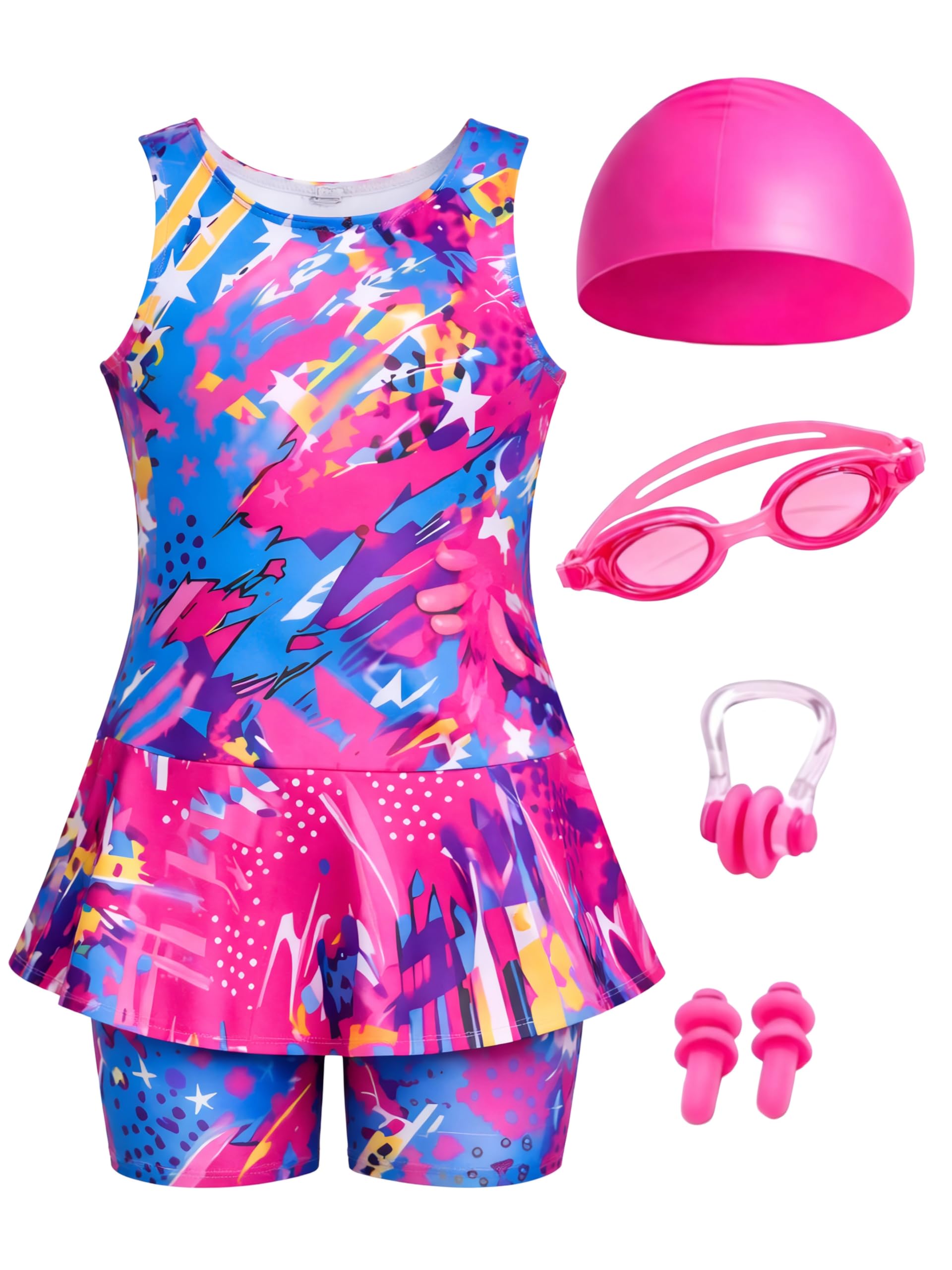 Girls Swim Dress with Swim Kit | Includes Cap, Goggles, Nose Clip & Ear Plugs | Kids Swimming Costume Set for Age 2-13 Years-image-43