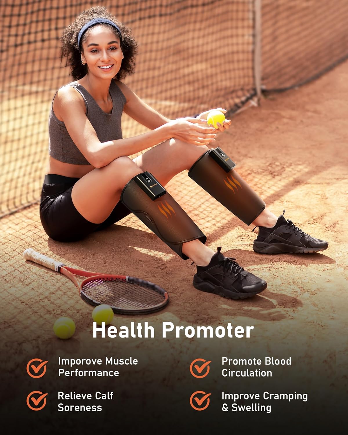 Close-up of the control panel on the QUINEAR Cordless Calf Massager showing buttons for mode, heat, and intensity.