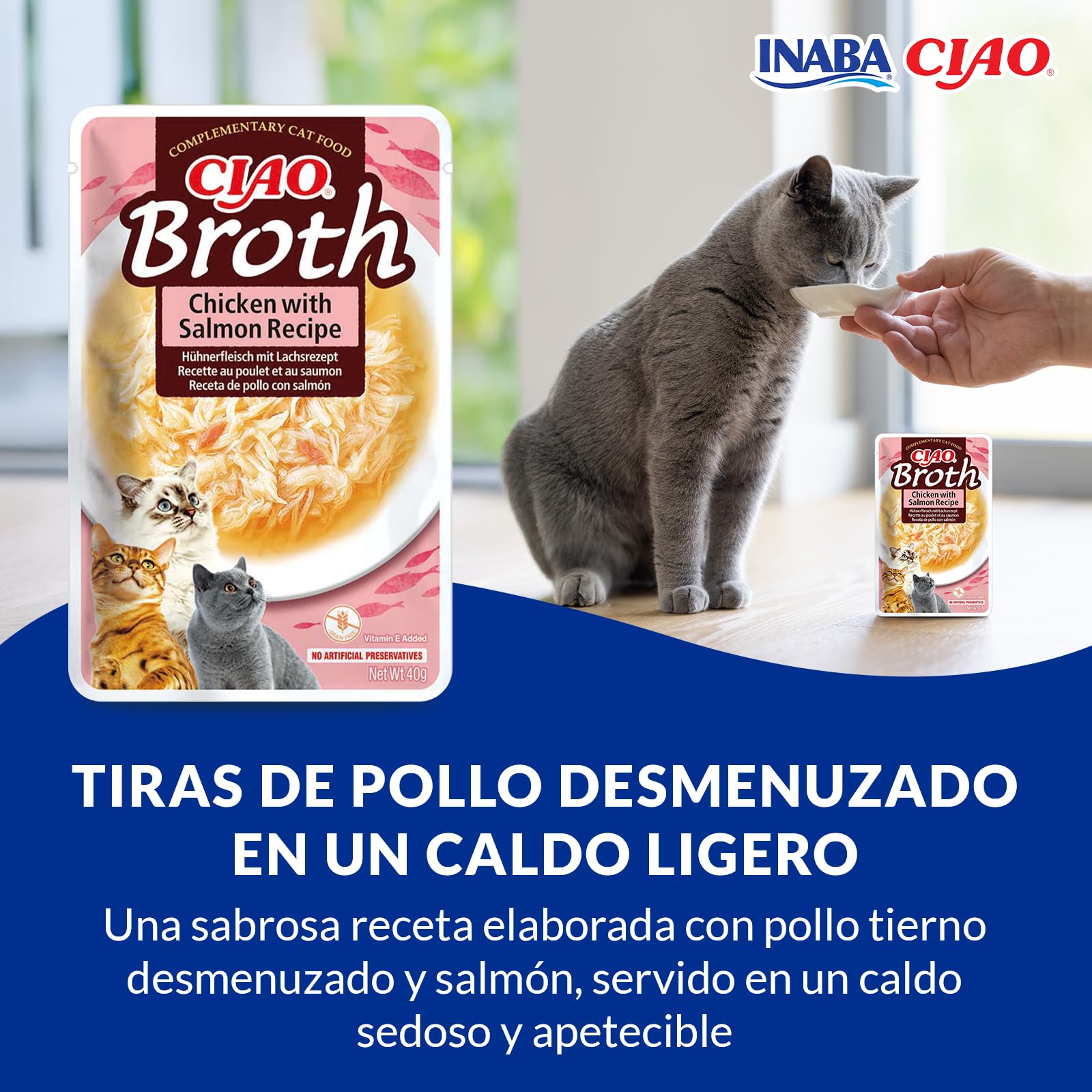 INABA Churu Broth Gatos - Snacks Receta Pollo y Salmón - Premios con Proteínas Animales - Caldo Sin Cereales, Sin Conservantes, Sin Colorantes - Sólo 16Cal - 480g (12 x 40g)