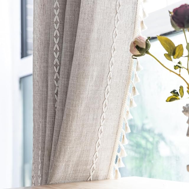 Boho Curtains with Tassel,Bohemian Curtains for Bedroom Living Room,Linen Semi Blackout Window Curtain Farmhouse Curtains Home Decor (Oat Beige, 52" W x 84" L 1 Panel)