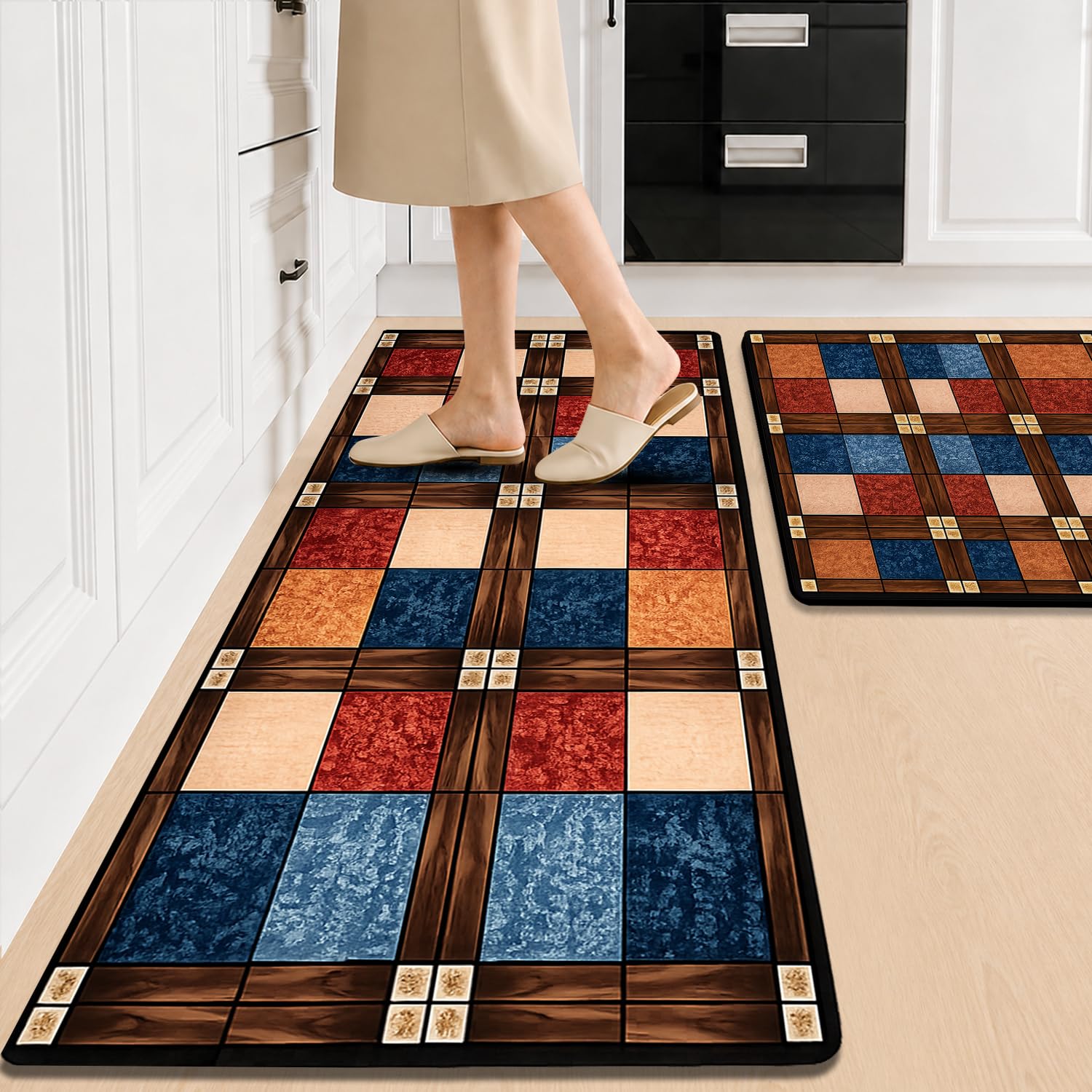 SITTELLA Waterproof Kitchen Mats for Floor Anti Slip, Set of 2, (40x60 CM & 120x40 CM), Block-Prints | Soft Anti Skid Washable Kitchen Floor Mats | Kitchen Runner for Home & Laundry