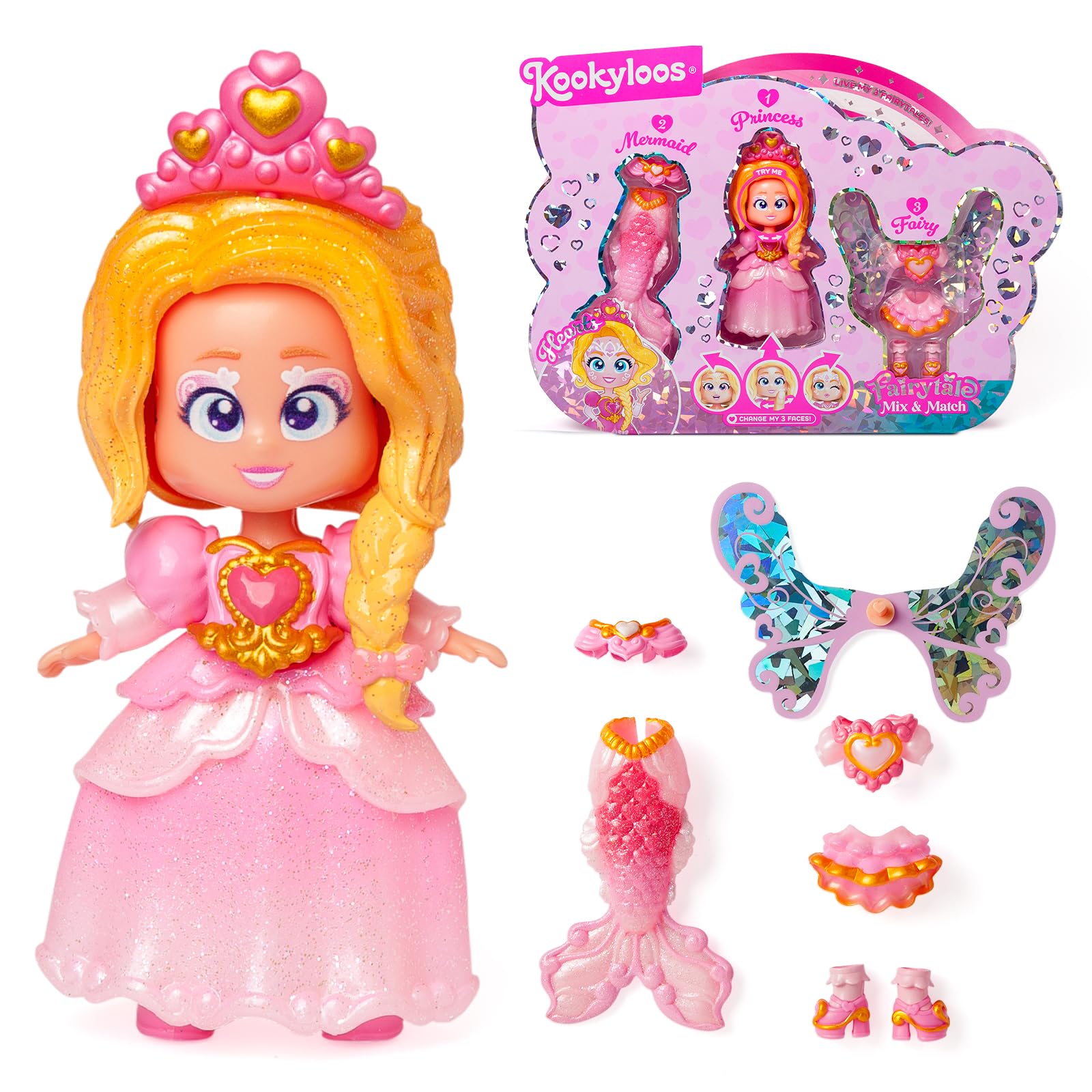 KOOKYLOOS FAIRYTALE MIX and MATCH HEARTS - 3 in 1 fantasy themed doll, Contains 1 doll, 1 princess outfit, 1 mermaid outfit and 1 fairy outfit, Pink