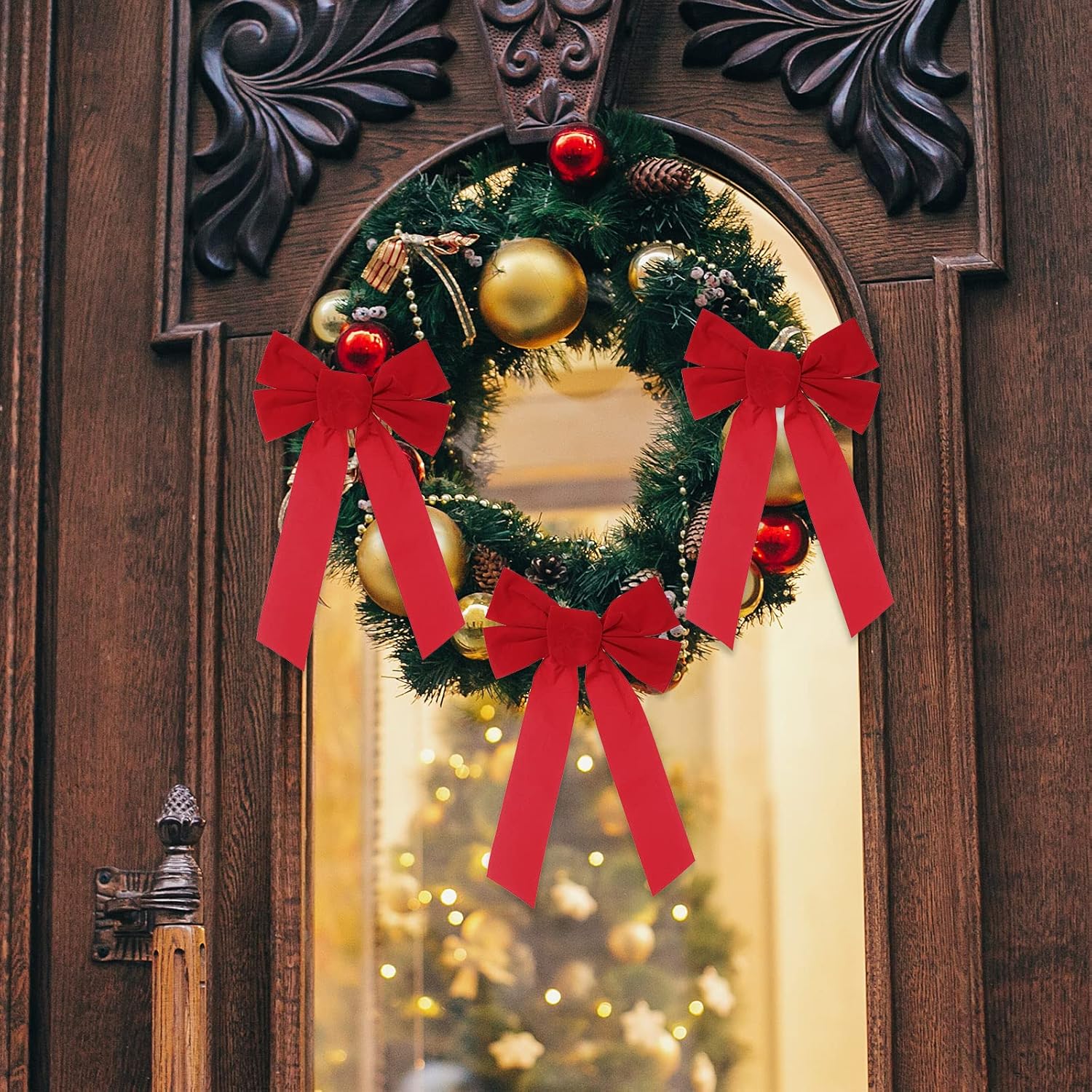 Janinka Large Velvet Christmas Bow 13" x 9" Christmas Tree Bows Wreath Ornaments Xmas Tree Topper Rustic Vintage Ribbon for Garland Holiday Gift Wrapping Home Decor(Red,50 Pcs)