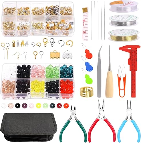Keadic El kit de 1250 piezas de suministros para fabricación de joyas contiene 10 colores de cuentas de cristal de cristal, alicates de joyería,