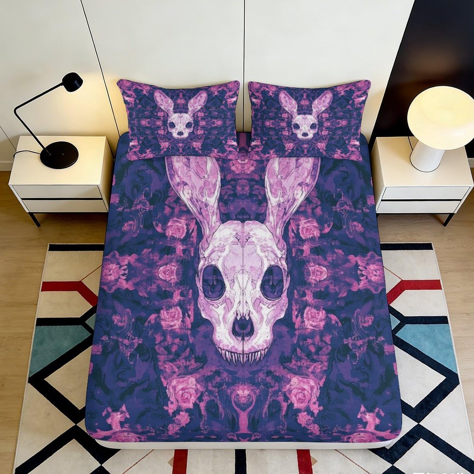 3D Printed Skull Rabbit Fitted Sheet Microfiber Purple Gothic Mattress Cover for Bedroom Dorm Decor Easy Care 90x200x25cm