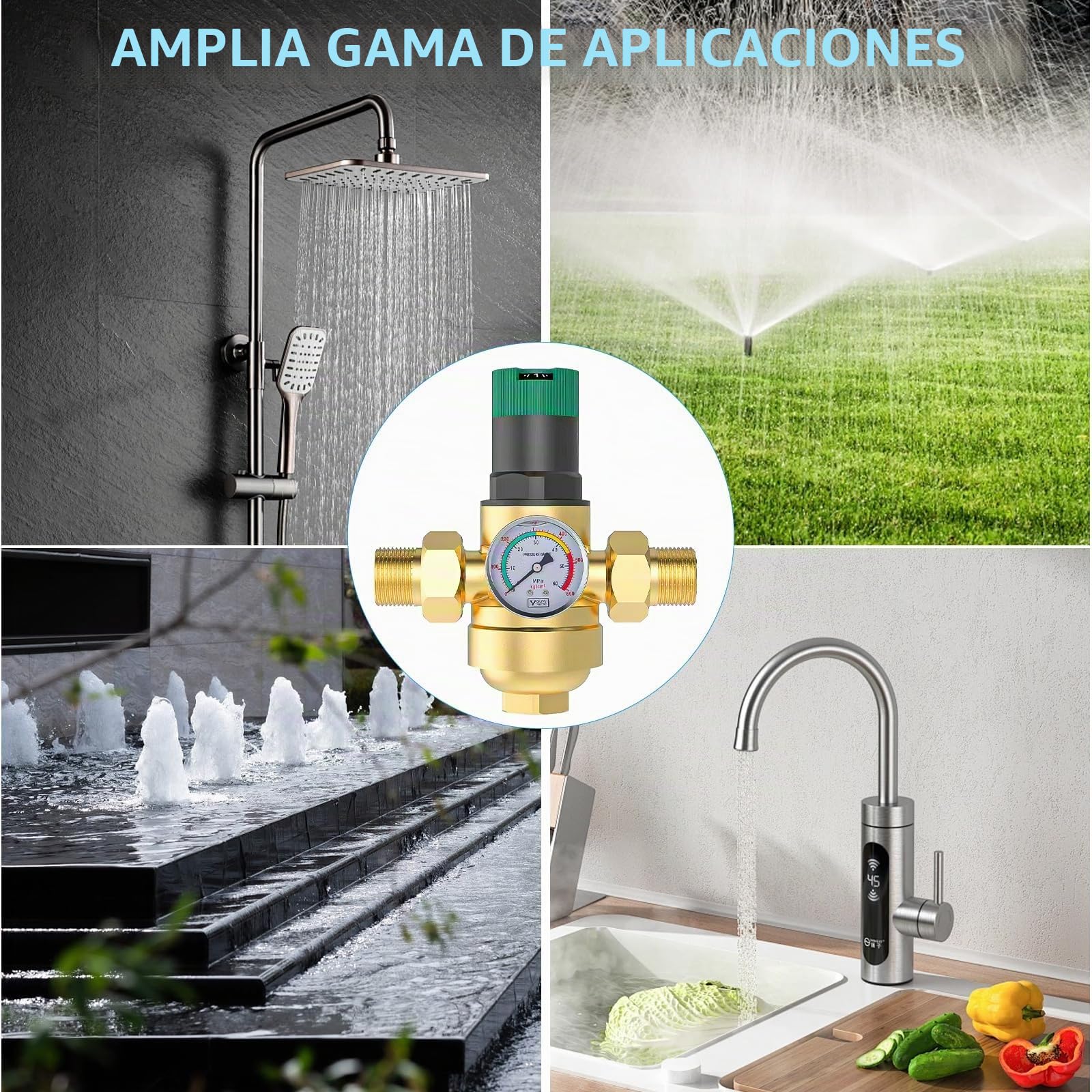 Regulador de Presion Agua 1 Pulgadas, Reductor de Presion de Agua Ajustable con Manometro Presion Agua y Filtro de Malla, Válvula Reguladora De Presión de Agua Para Grifo de Riego de Jardín (Latón)