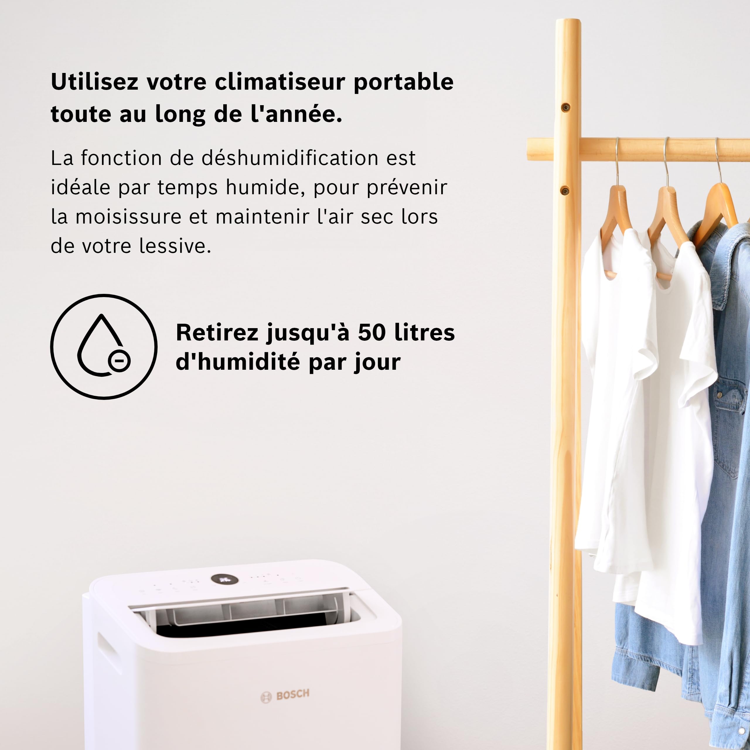 Bosch Cool 2000 Portable AC - 3 en 1 Climatiseur, Déshumidificateur, Ventilateur - 2,6 kW pour les pièces jusqu'à 35m² - Avec Mode Auto, Mode Silencieux et Mode Veille (46 db (A)) [Classe A]