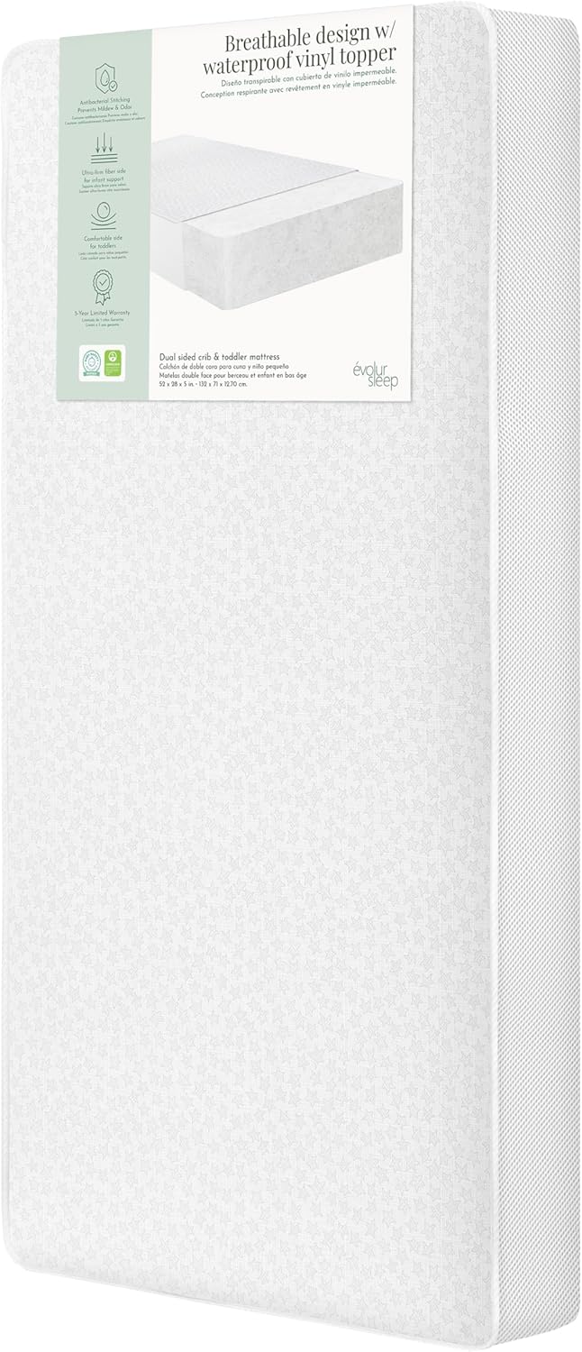 Evolur Sleep Breathable Dual-Stage Comfort-Lite 5” Foam Crib & Toddler Mattress – Dual-Sided Design, Waterproof Vinyl Cover, GREENGUARD Gold & BSA Certified, Fits Full Size Cribs & Toddler Beds