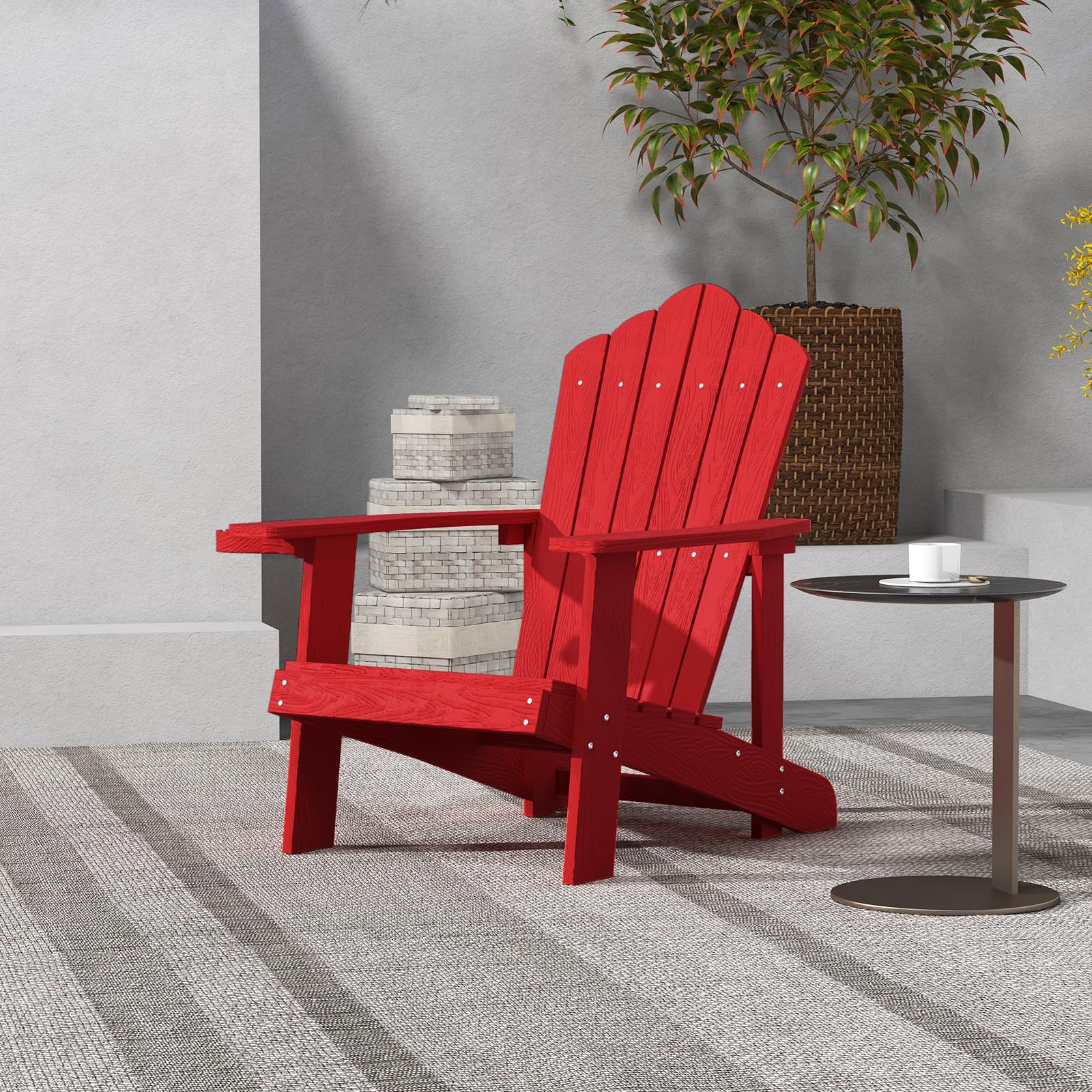 KOMFOTTEU Adirondack Stuhl mit Getränkehalter, Gartenstuhl mit Rücklehne & Armlehnen, Gartensessel wetterfest & ergonomisch, Relaxstuhl bis 170 kg für Balkon, Garten, Strand (Rot)