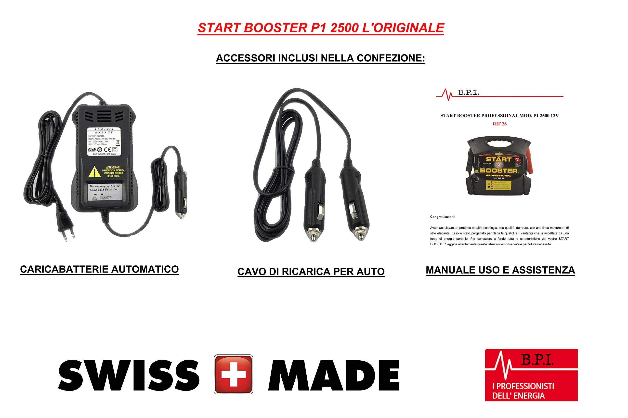 B.P.I. BPI Start Booster Avviamento Auto Professionale e Portatile - Avviatore Emergenza per Auto Veicoli Vari - P1 2500A Batteria 12v