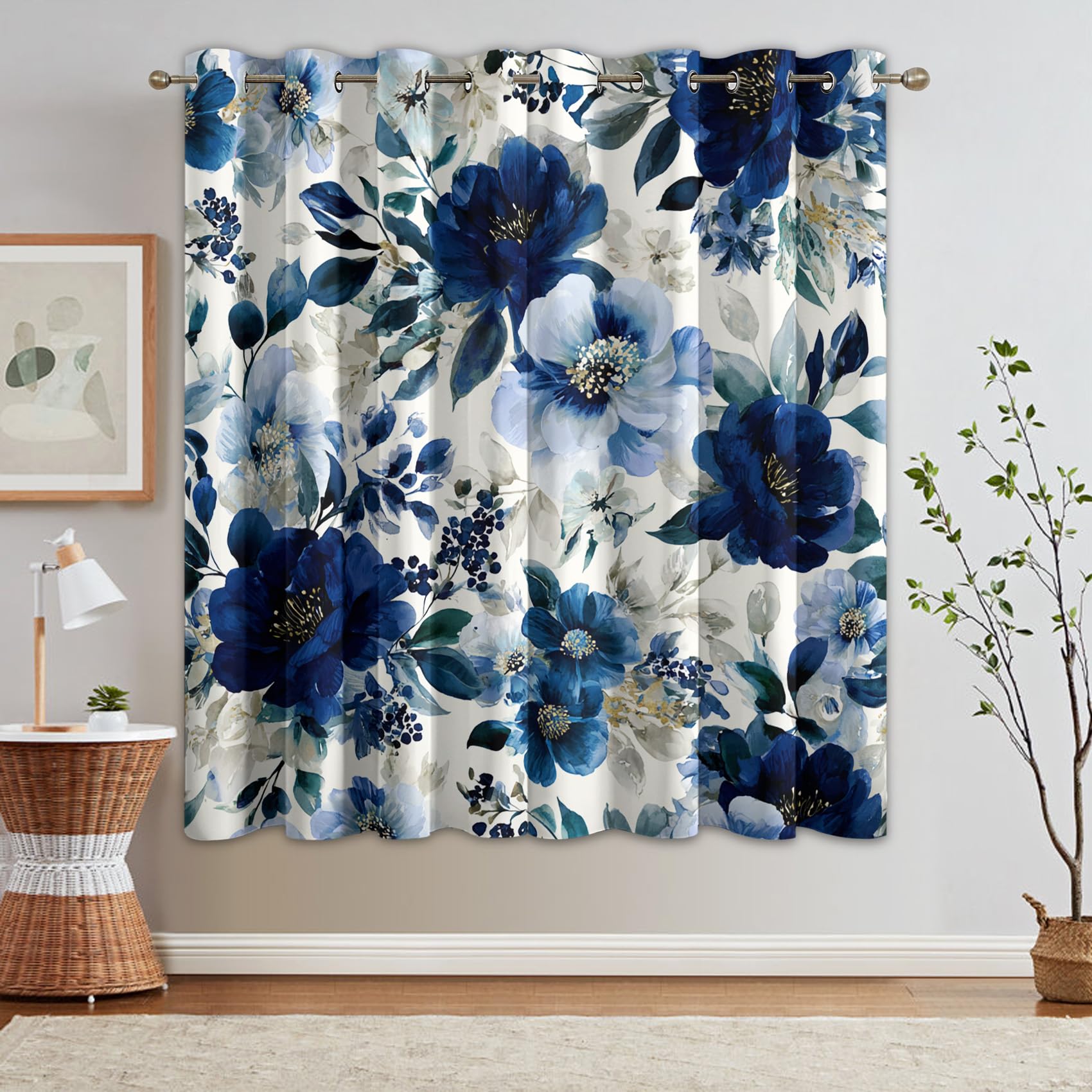 Generisch Blickdichte Vorhänge Aquarell Blume Muster, H 160 x B 140 2er Set - Blaue Blume Natur Fenster Gardinen mit Ösen, 160 cm Lang Curtains Wohnzimmer Schlafzimmer Deko S&ZA-85