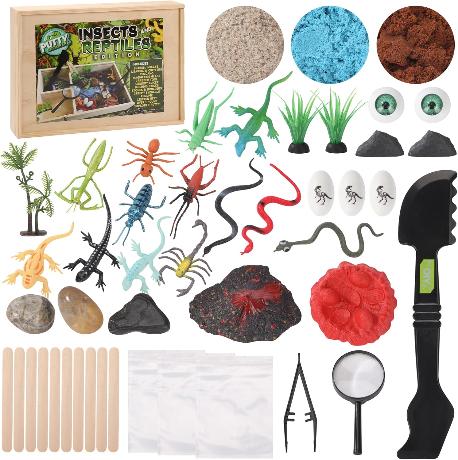 Insects and Reptiles Putty Explorers Educational Sensory Kit Wooden Play Box Bugs Snakes Science Life Moldable Sand Kit STEM Educational Toys Science Teacher Classroom Gifts Lizards Volcano Easter