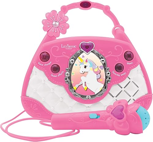 LEXiBOOK Unicornio, bolsa de karaoke con micrófono, cambiador de voz, canciones de demostración, efectos de luz, micrófono incluido, entrada