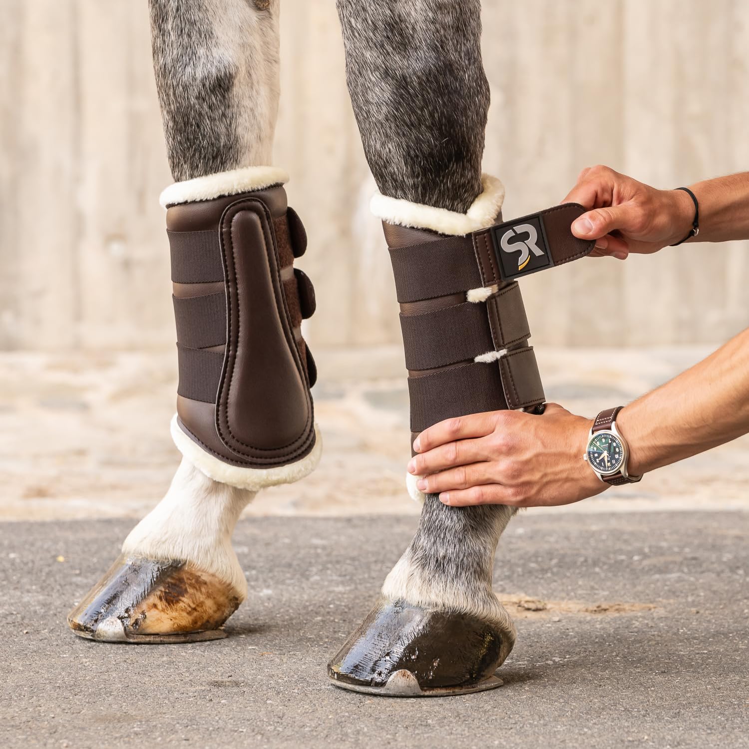 SUNRIDE Botas de Doma con Piel (Lote de 2) para Caballos - de Cuero auténtico - para Proteger contra Las Lesiones (M/28 cm, marrón)