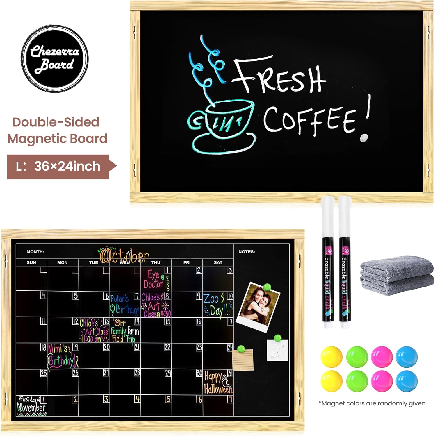 2-in-1 Double-Sided Magnetic Chalkboard 36"x24", Chalk Calendar Board & Large Blackboard for Kitchen & Home Decor, Schedule, Menu, Back-to-School Gift - Hanging Chalk Board with 2 Liquid Pens, Wood