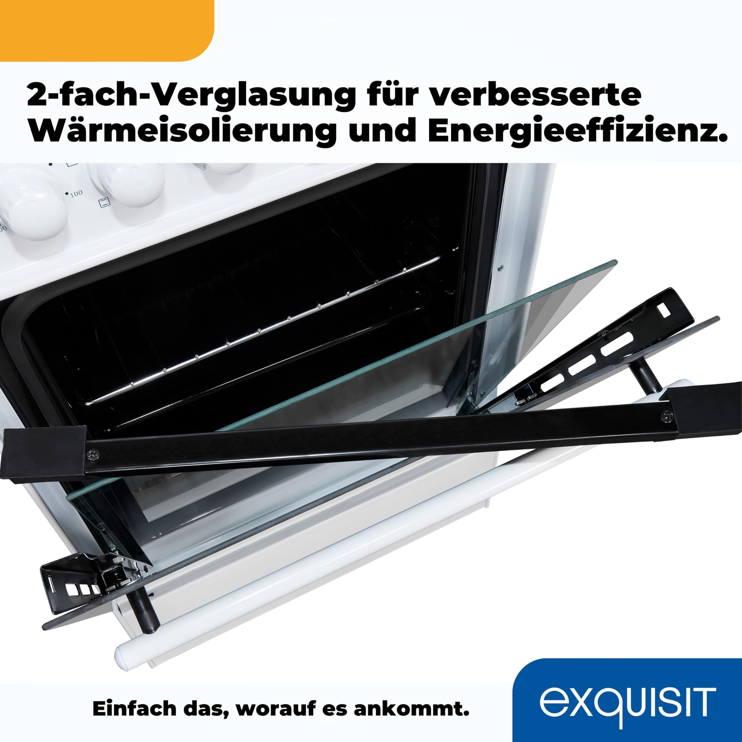 Exquisit Standherd 50 cm Elektroherd freistehend Glaskeramik-Kochfeld 2-Kreis-Bräterzone Backofen Umluft 46 Liter Energieklasse A Weiß