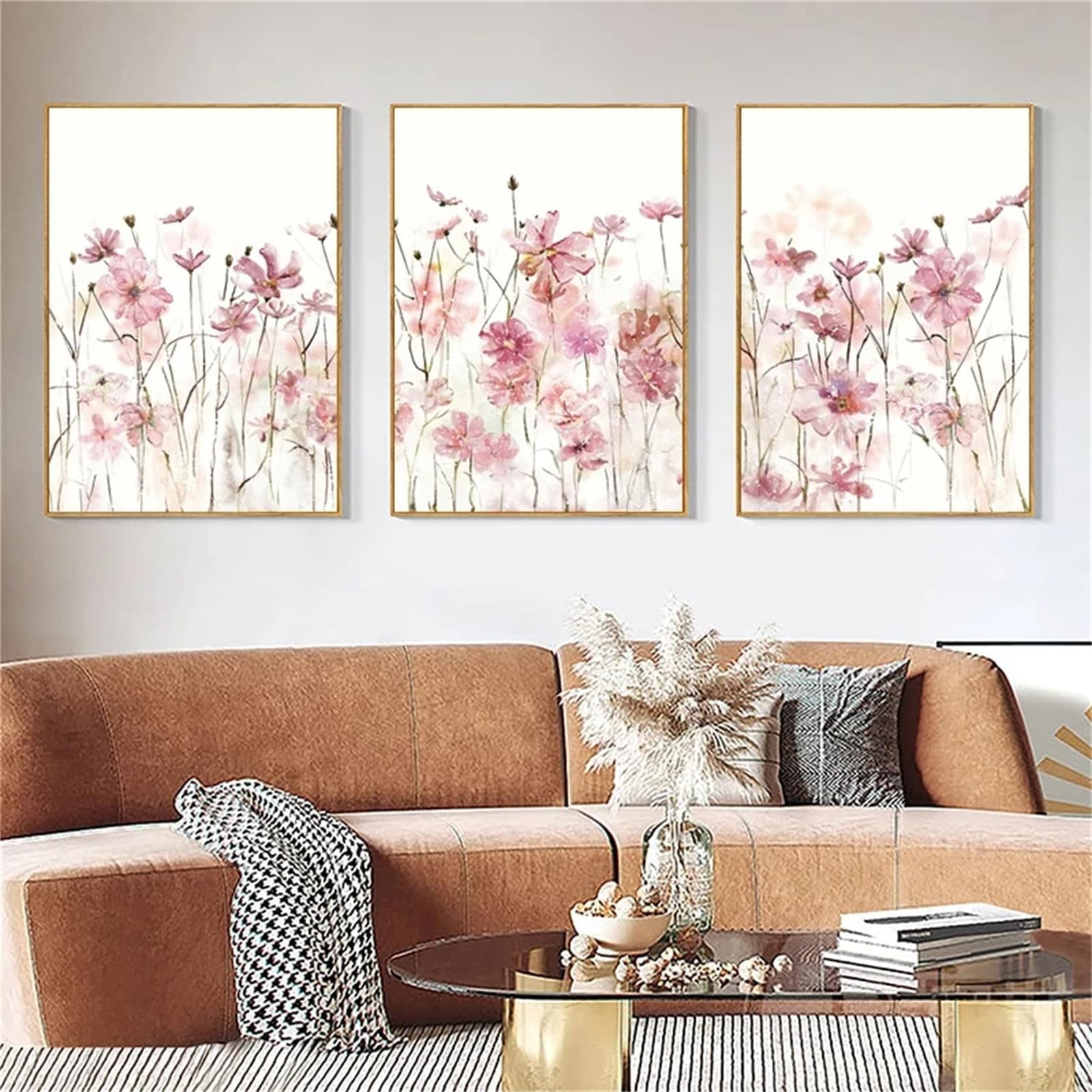 champracer Juego de 3 cuadros para salón, acuarela, flores, decoración de pared, lienzo, sin marco, lienzo con flores, póster artístico para dormitorio, oficina, decoración de pared (50 x 70 cm, D)