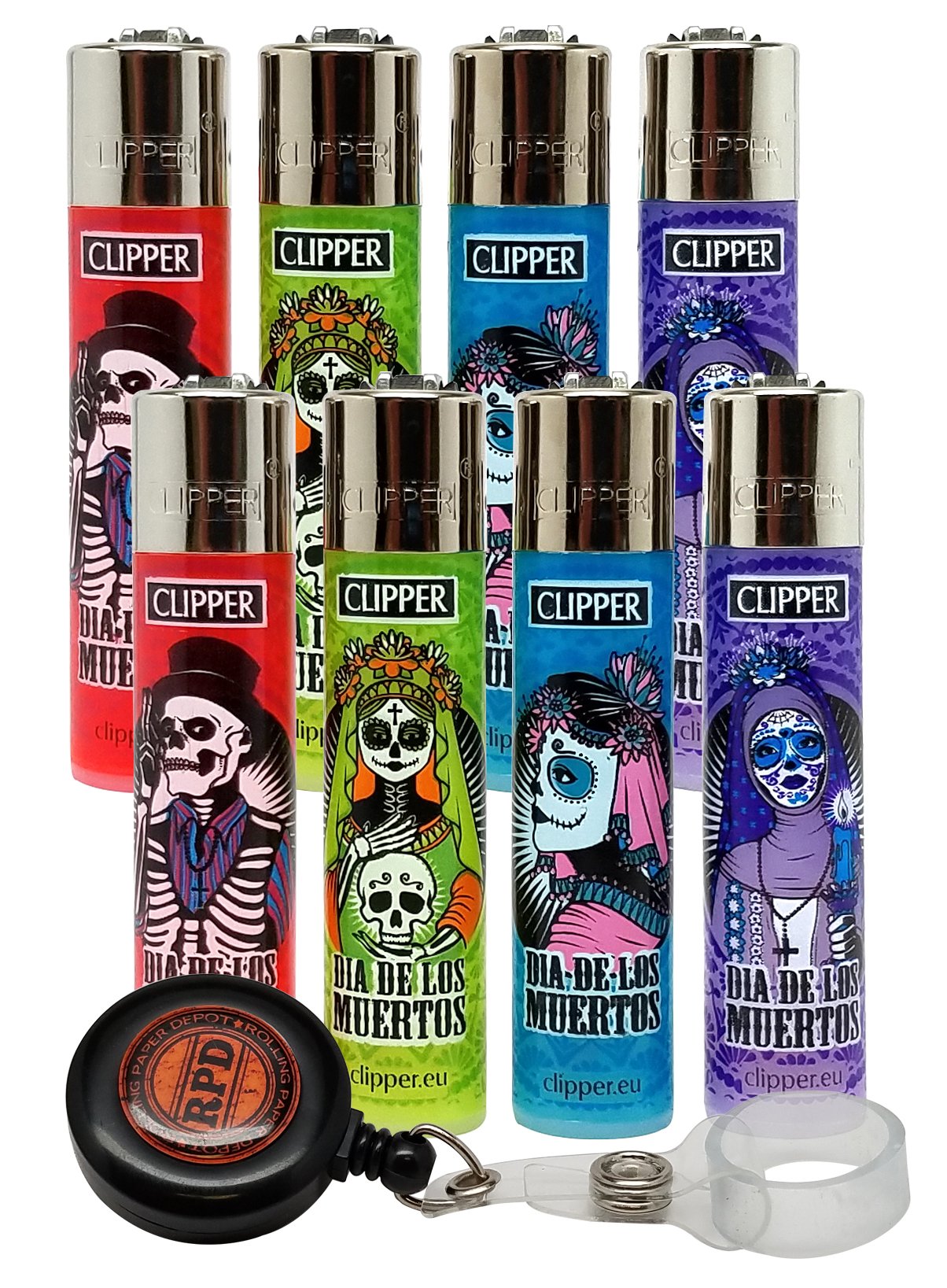 Bundle - 9 Items - Clipper Lighter Dia Los Muertos "Santa Muerte" Collection (2 Sets/8 Lighters) with 1 Rolling Paper Depot Lighter Lasso