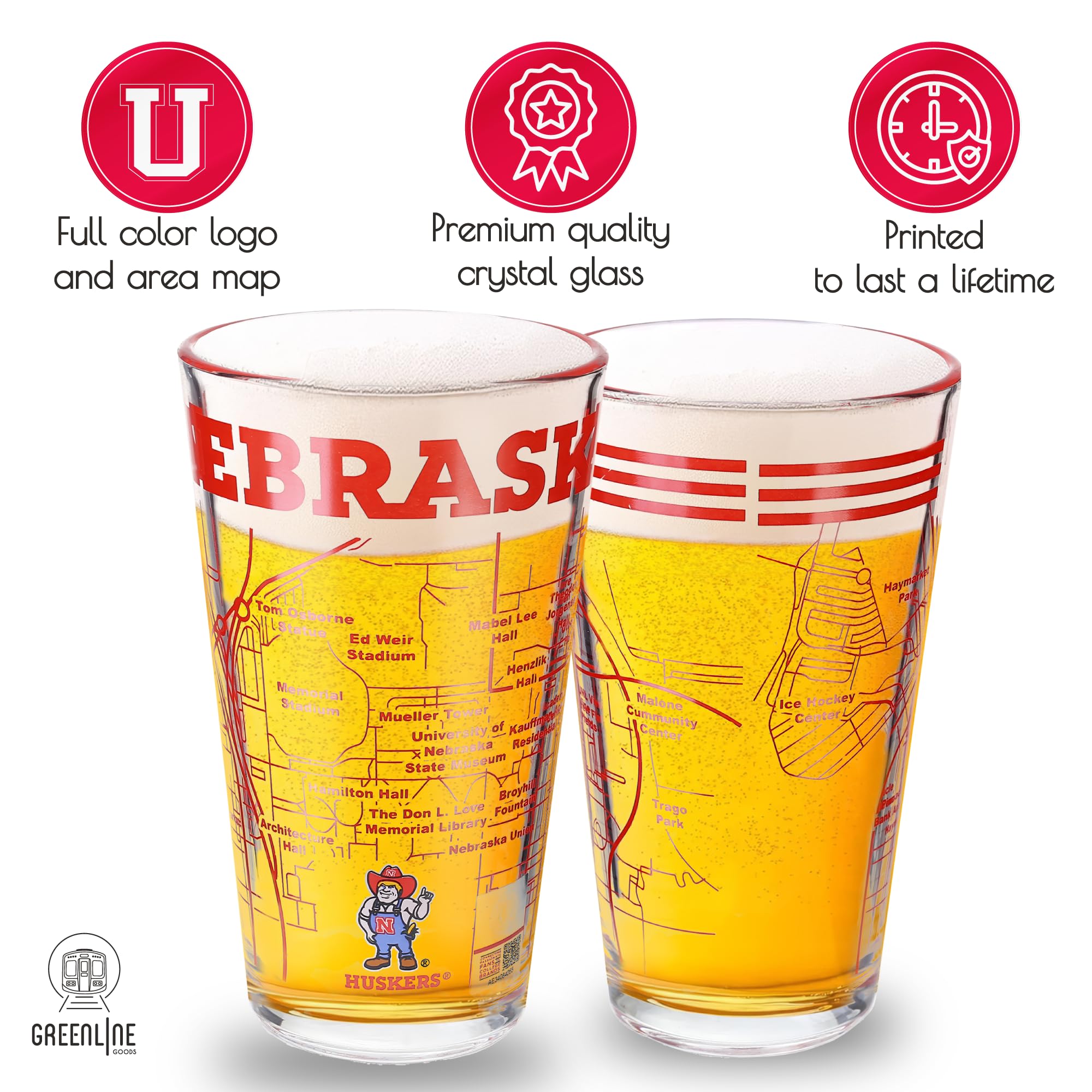 Greenline Goods University of Nebraska Pint-Gläser, 2 Stück, enthält farbiges Nebraska Huskers-Logo und Campus-Karte, Huskers Geschenkidee für College-Absolventen und Alumni, College-Glaswaren