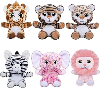 Stuffed Animals Plush, 7 Inch Jungle Stuffed Animal Set with Soft Small Lion/Tiger/Elephant/Giraffe/Zebra/Leopard Plush Toys Gifts for Baby Girls Boys Birthday Party Decorations