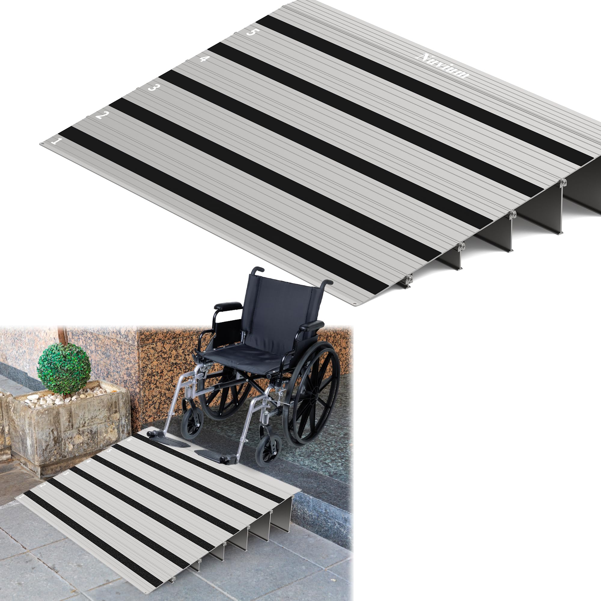 Nuvium 5" Rise Door Threshold Ramp with Updated Fixable Screws, Stable Portable Wheelchair Ramp for Home Steps, Aluminum Door Entry Ramps for Scooters