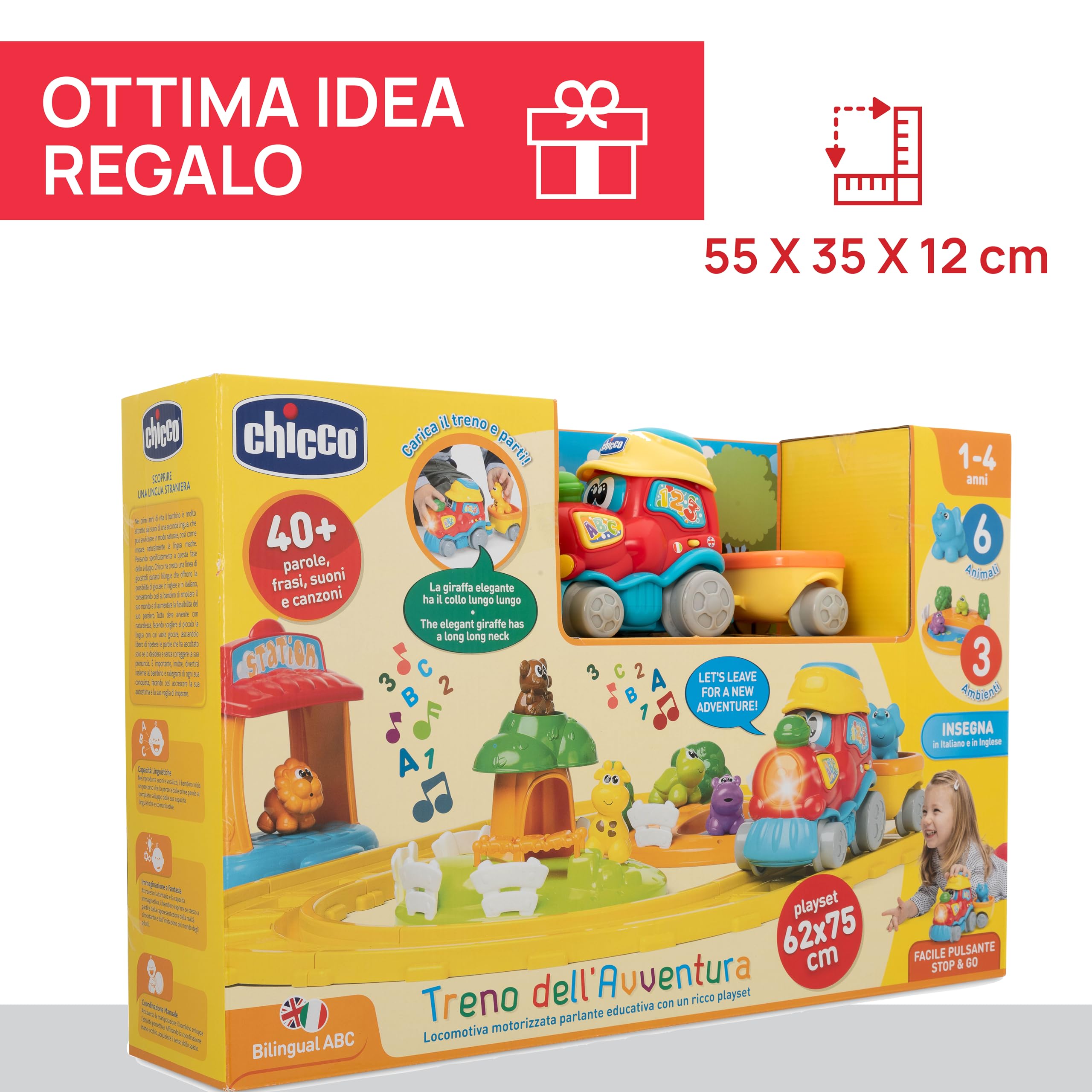 Chicco Treno dell'Avventura Bilingue Italiano/Inglese, Trenino Elettrico per Bambini con Stazione, Ferrovia e 6 Animali, Gioco Educativo Elettronico con Frasi e Canzoni, Giochi Bambini 1-4 Anni