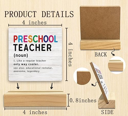 Miniatura 6 de QASHWEY Letrero de placa de madera con definición de maestro de preescolar, regalo de agradecimiento y decoración de escritorio con soporte